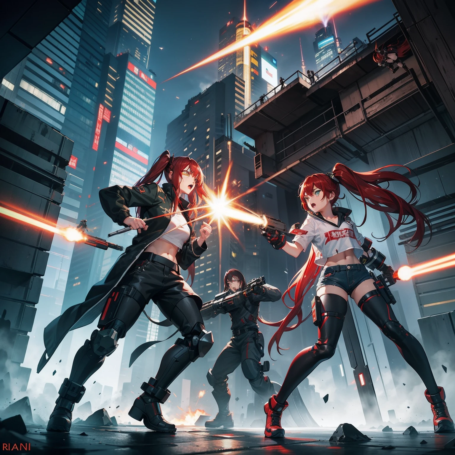Full body shot, female asian Irina Shidou red hair twintails green eyes, in a cyberpunk city, wearing a bomber jacket and crop top and denim shorts, fighting a humanoid robot android with metal chrome exterior, holding a big machine gun, holding a long laser rifle, shooting laser rifle, shooting lasers up at the sky, missile strike, rocket launch,  rapid fire, explosions, hand to hand combat, fighting, round house kick, jumping kick, guns flaring, punch face, open mouth, screaming, frontal shot, side shot, rear shot, back shot, behind shot, masterpiece, highly detailed
