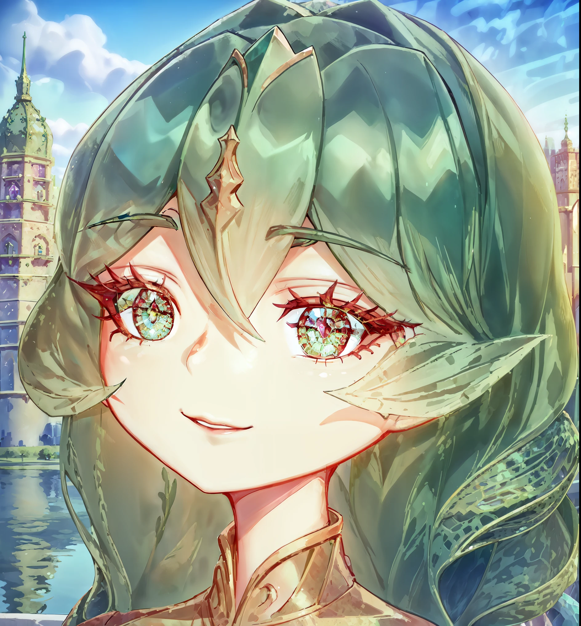 (best quality, masterpiece, detailed face, beautiful detailed eyes), Ember, girl made of ((green)) fire, 1girl, (solo),narrow waist, long eyelashes, detailed face, detailed eyes, standing in a park with crystals around, lake and a modern city in the background,