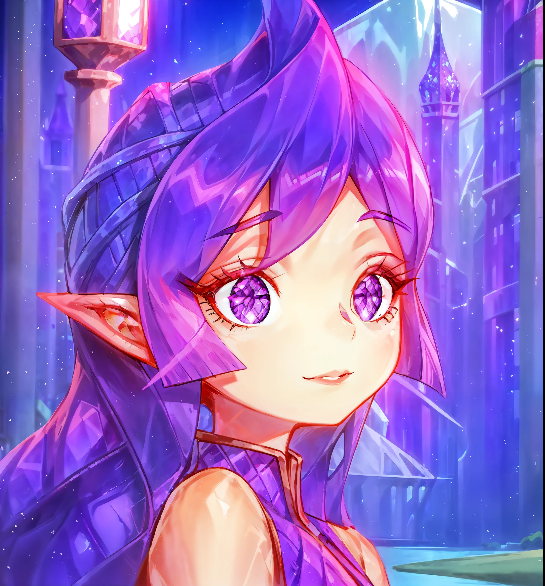 (best quality, masterpiece, detailed face, beautiful detailed eyes), Ember, girl made of ((purple)) fire, 1girl, (solo),narrow waist, long eyelashes, detailed face, detailed eyes, standing in a park with crystals around, lake and a modern city in the background,