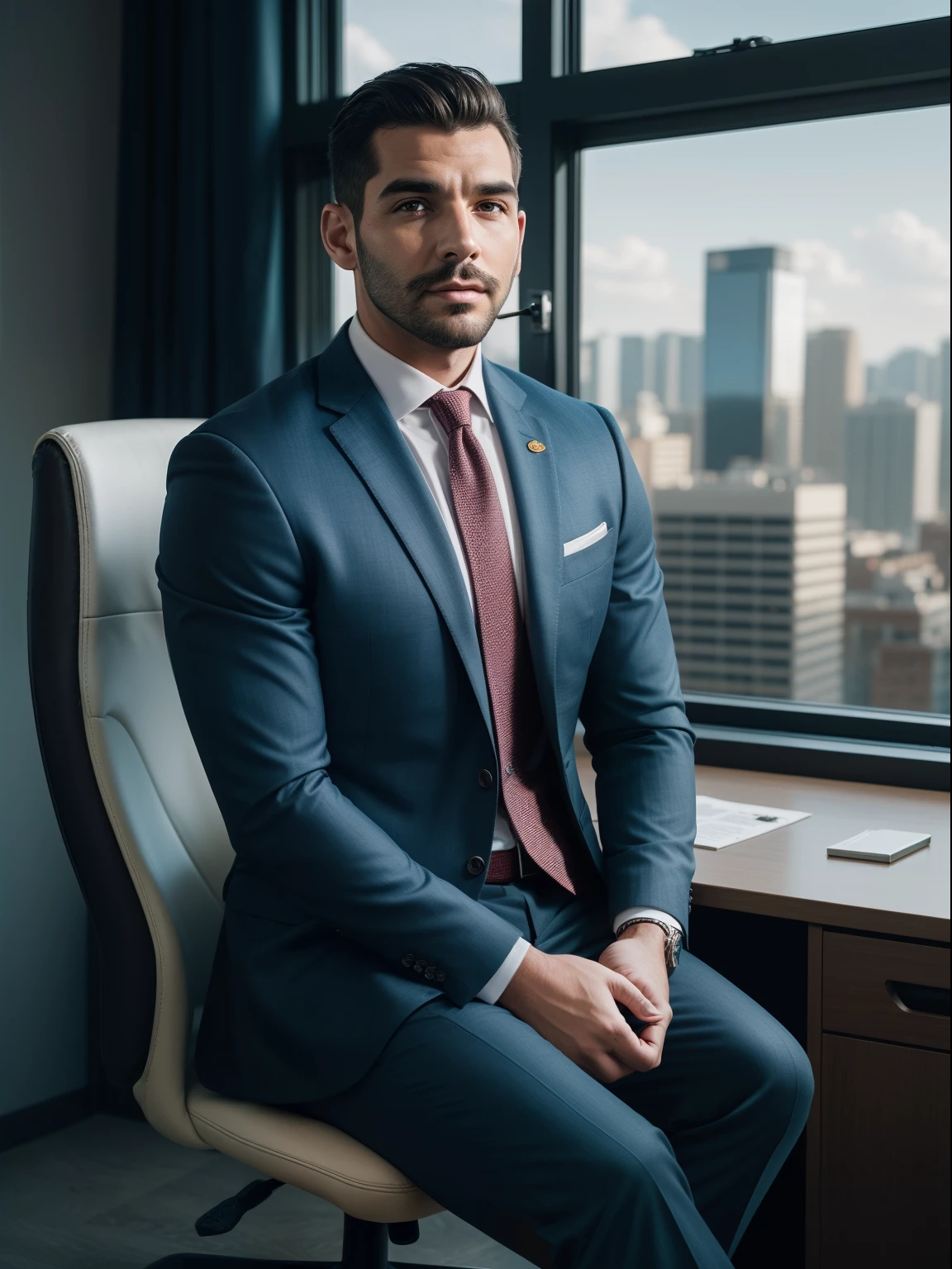 a handsome man sitting in the office,crew cut,business suit,Windows,Cityscape,corpo inteiro,macho maduro,,best quality, 50mm f/2.8, fotografia e revista GQ, Trending on Flickr Masterpiece, high resolution, best quality,, Realistic, Realistic photo, foto do filme, ultra realistic, 1 pessoa, circunstanciado, perfect lighting, DSRL, foto profissional, 4k ,blue lighting,sorrir