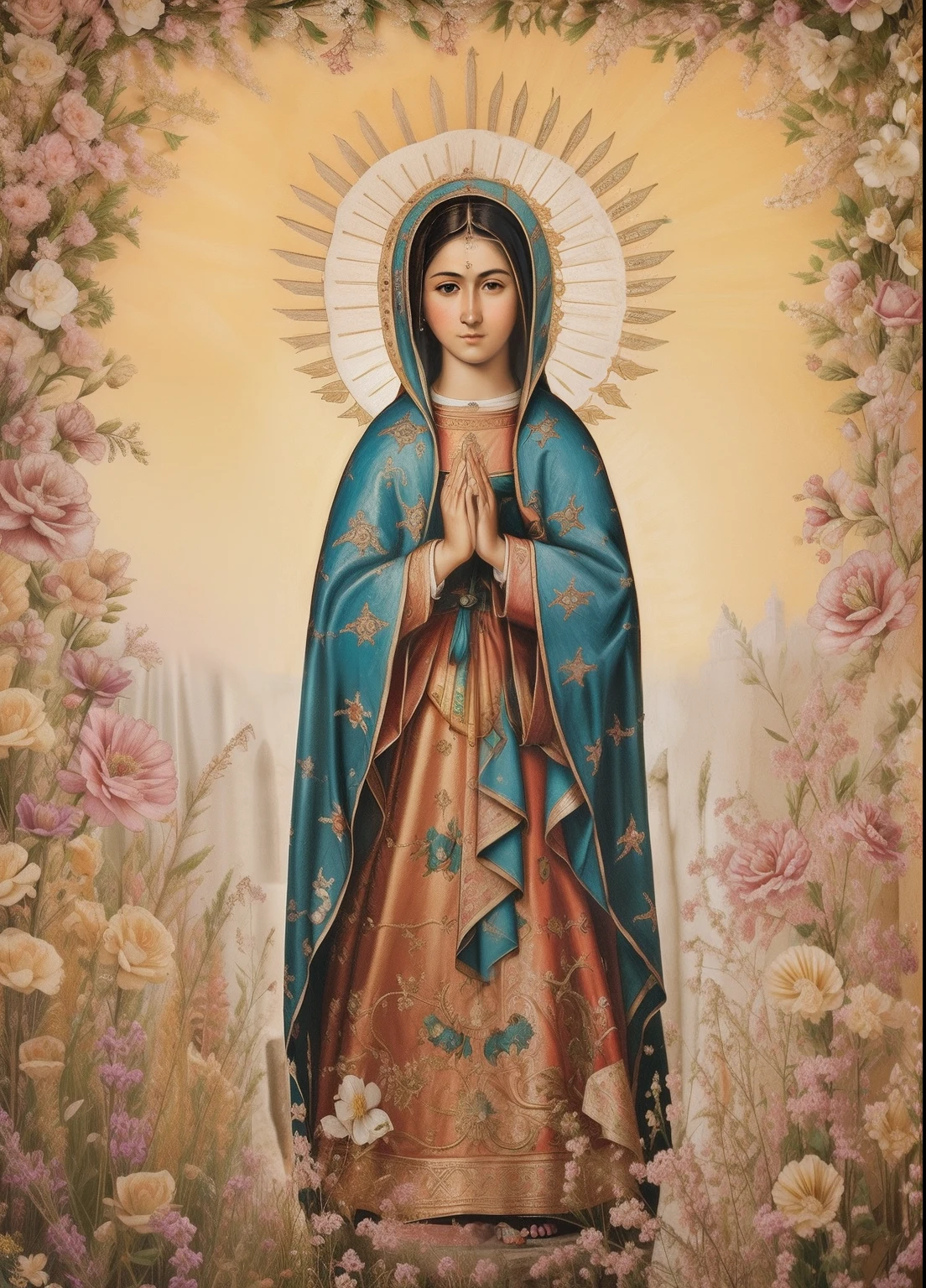 ((Blessed Virgin Mary of GUADALUPE))) (((cuerpo completo))) 19 year old,  de rostro y aspecto anglosajona))) (((Con una cara seria y piadosa. Con una mirada dulce y tierna))) (obra maestra, calidad superior, mejor calidad, arte oficial, beautiful and aesthetic: 1.2),  extremadamente detallado, colorido, highest detailed, Cara perfecta, parte superior del cuerpo, HDR, (orando: 1.3), eye-catching visuals, colores vibrantes. ultra detallado, 8k, HDR. Grado de color profesional, colores ricos, powerful imagery, 4k, 8k,obra maestra,...