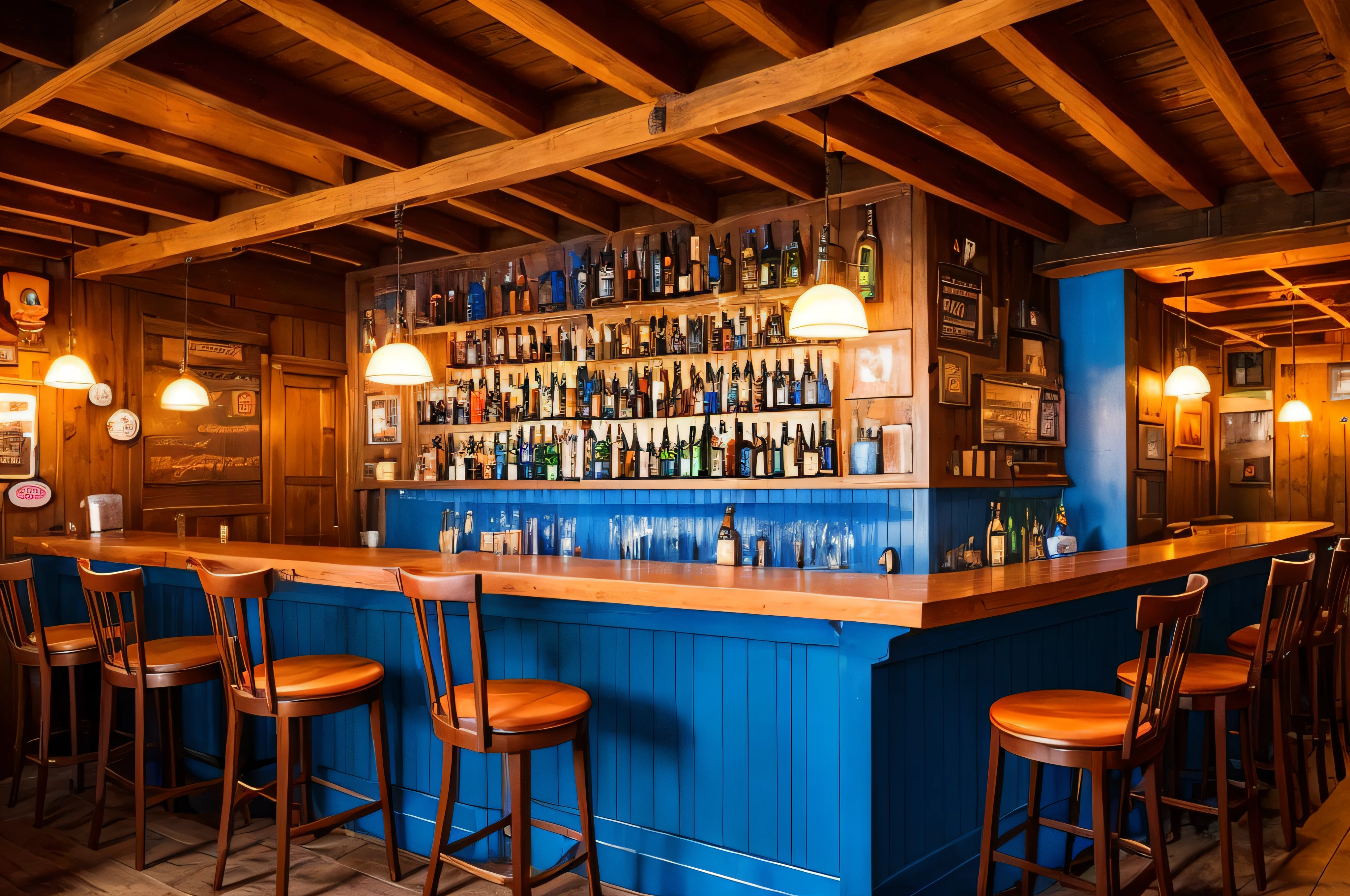 arafed bar with a blue counter and wooden chairs, cosy atmosphere, restaurant interior photography, great textures and lighting, but very good looking”, bar, inside a bar, pleasant cozy atmosphere, cozy atmosphere, great atmosphere, comfy ambience, by Nick Fudge, by Joe Bowler, edited, immaculately detailed, retro stylised, nostalgic atmosphere