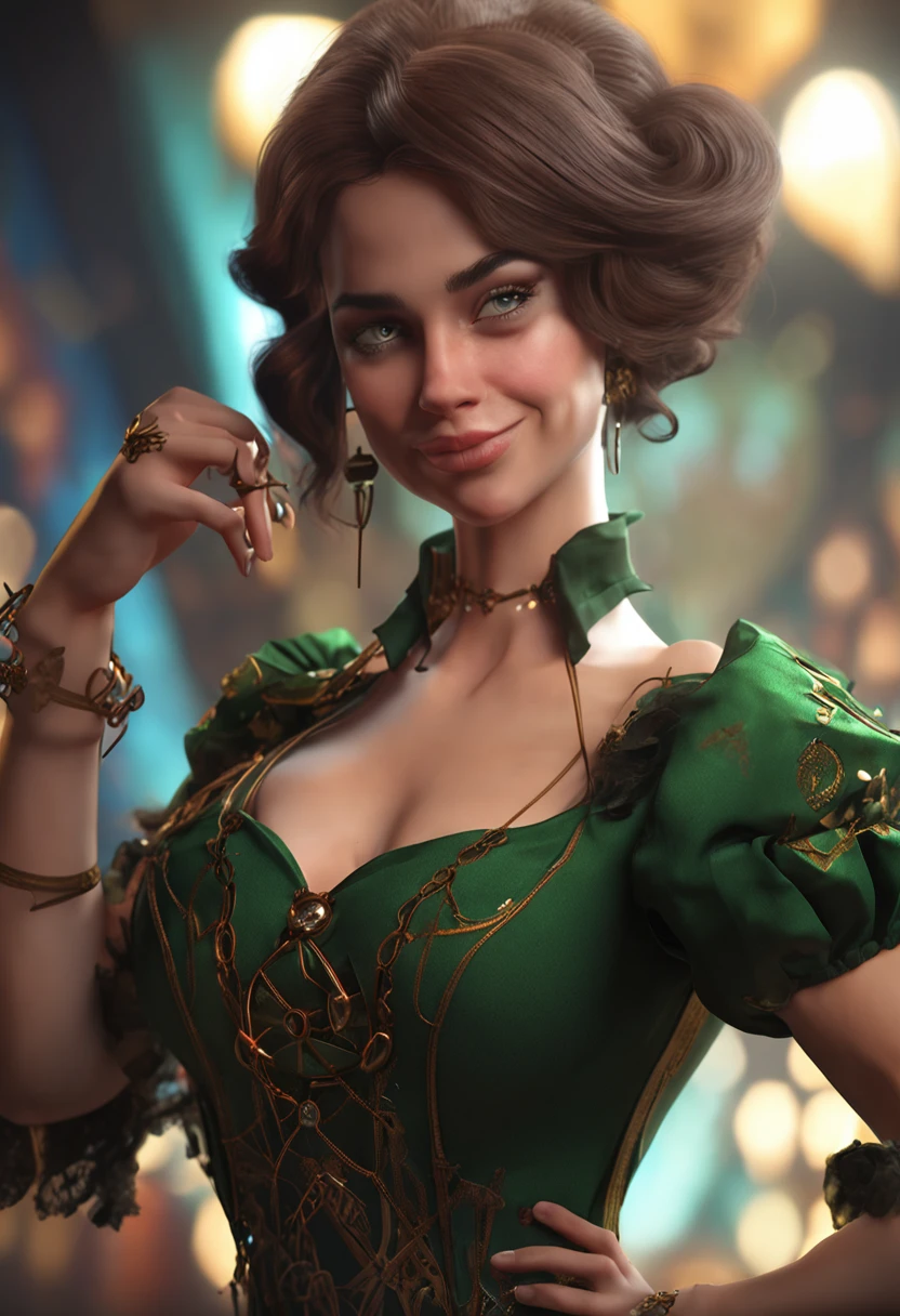 (NSFW),Stunning Magica Fantasy Full Body Portrait of Steampunk Woman in Dark Green Dress, Plummeting neckline emphasizing feminine features, small ears, Brown hair, Smiling happily, Dynamic Pose, nffsw, Fantasy, Extreme Detail, 4K, Ultra HD, Trending on ArtStation, Polished, Radiant, Vibrant, Backlight, 8K Ultra HD, Unreal Engine 5 Potions, Intricately detailed, 3D vray rendering