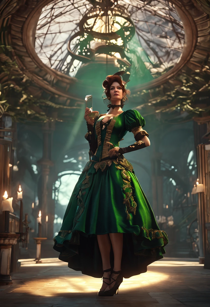 (NSFW),Stunning Magica Fantasy Full Body Portrait of Steampunk Woman in Dark Green Dress, Plummeting neckline emphasizing feminine features, small ears, Brown hair, Smiling happily, Dynamic Pose, nffsw, Fantasy, Extreme Detail, 4K, Ultra HD, Trending on ArtStation, Polished, Radiant, Vibrant, Backlight, 8K Ultra HD, Unreal Engine 5 Potions, Intricately detailed, 3D vray rendering