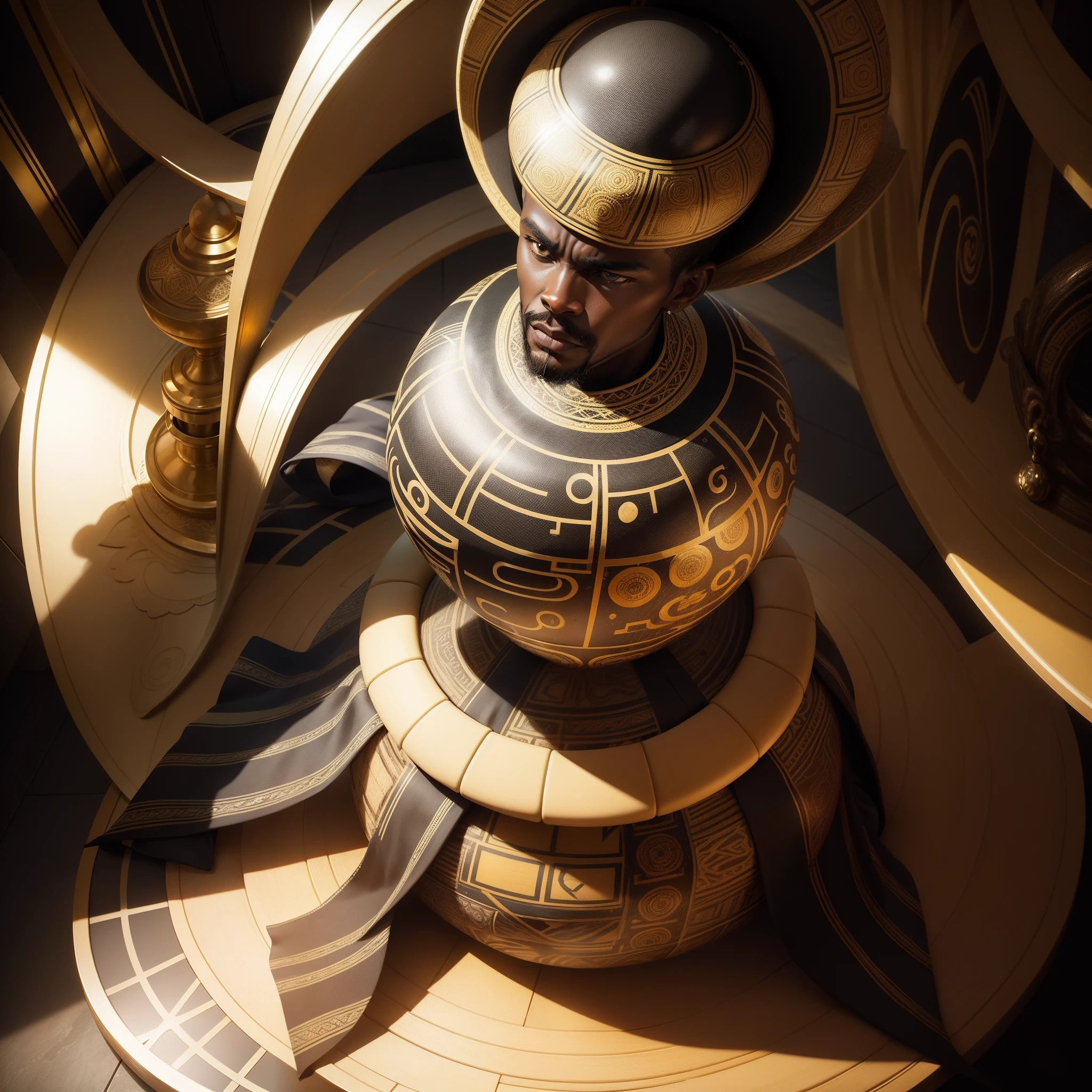 An African man dressed in African clothes sitting on a yellow sphere in a black and white room with abstract shapes and stairs, with iridescent light, highly detailed images, vibrant beautiful colours, photorealistic image, 8k, ultra HD, unreal engine rendered, cinematic lighting, artgerm style,