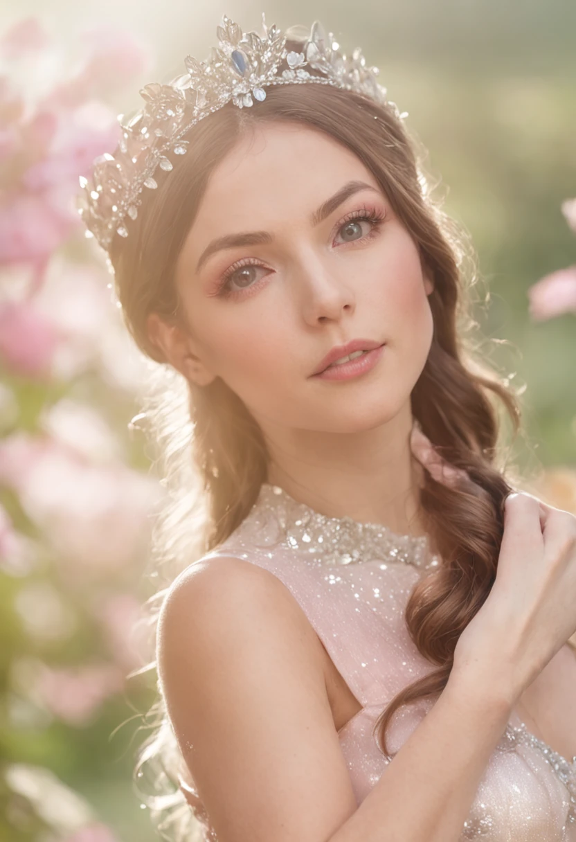 (Princesa elfa+suave e delicado)+(Vestido longo em cores brilhantes,Luz brilhante,Cabelo loiro longo e liso+Olhos brilhantes e acolhedores)+(pink petals+Brisa suave+with blue sky and white clouds+Bosques verdes)