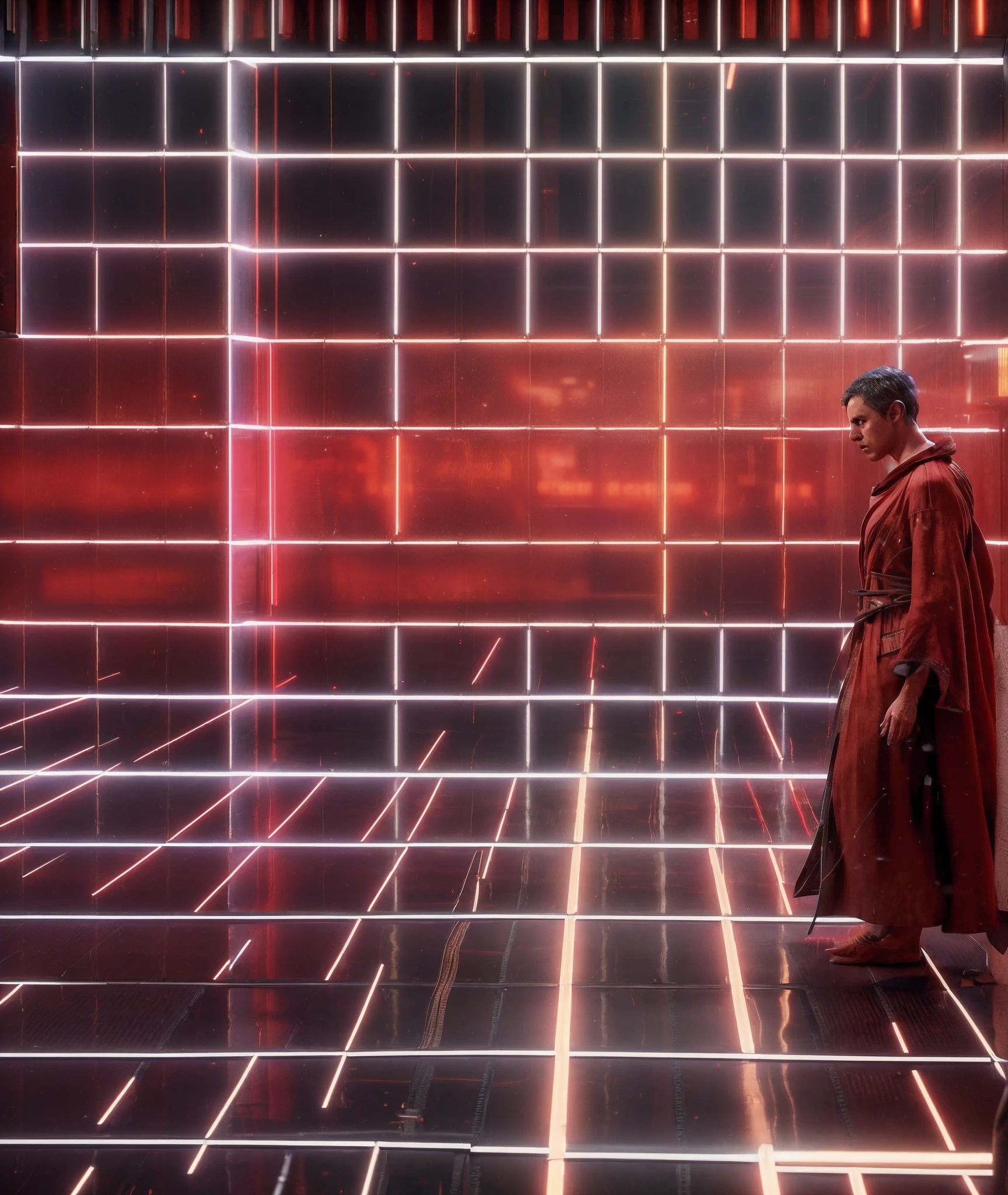 Wire image of a man in a red robe standing in a room with a red light, in Blade Runner lighting 2049, red and cinematic lighting, estilo de blade runner 2049, de Blade Runner 2049 (2017), Blade Runner 2049 Estilo, Blade runner 2049 color lighting