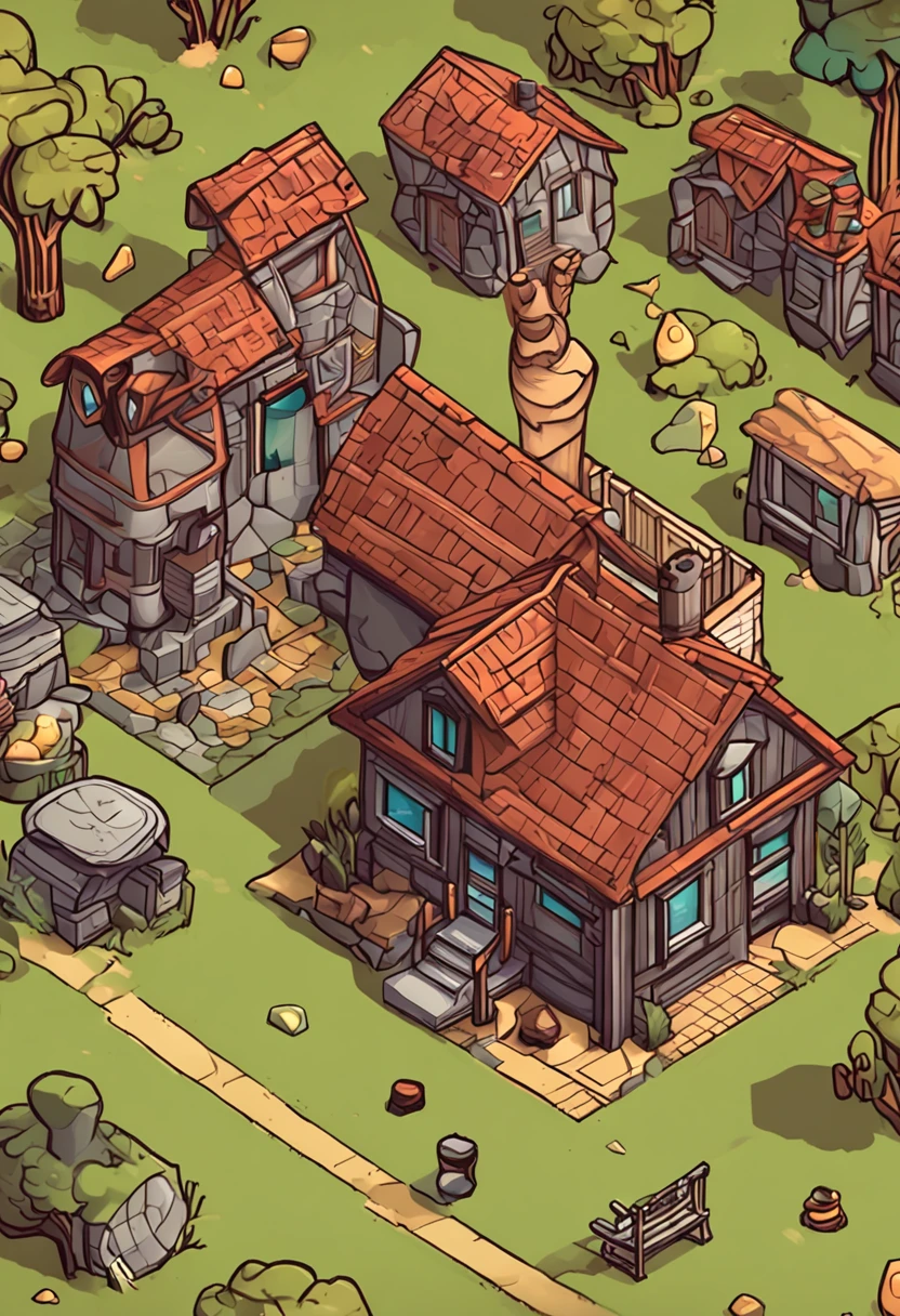 isometric house, estilo rpg, caricaturas, dnd, fantasia, Mobile Game，homem primitivo，osso de animal，pedra，Madeira, suspenso no ar