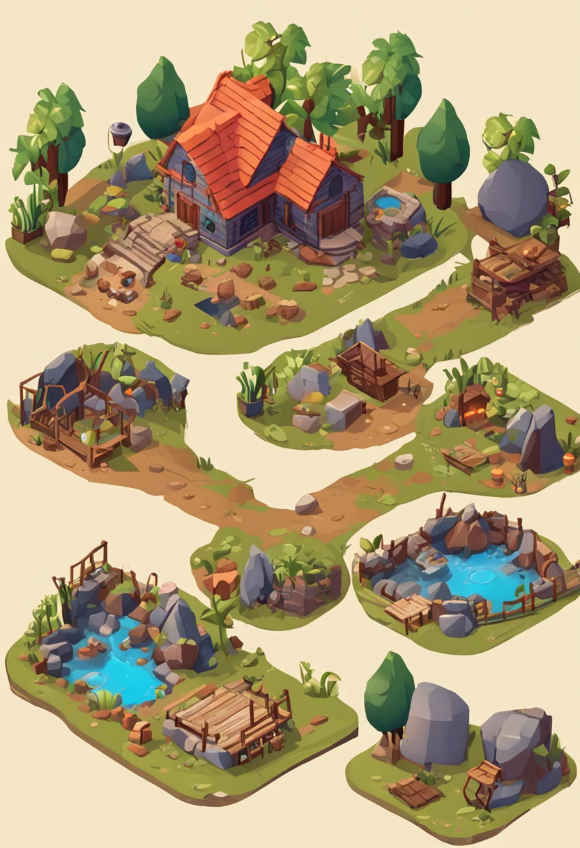 isometric house, estilo rpg, caricaturas, dnd, fantasia, Mobile Game,homem primitivo,osso de animal,pedra,Madeira, suspenso no ar