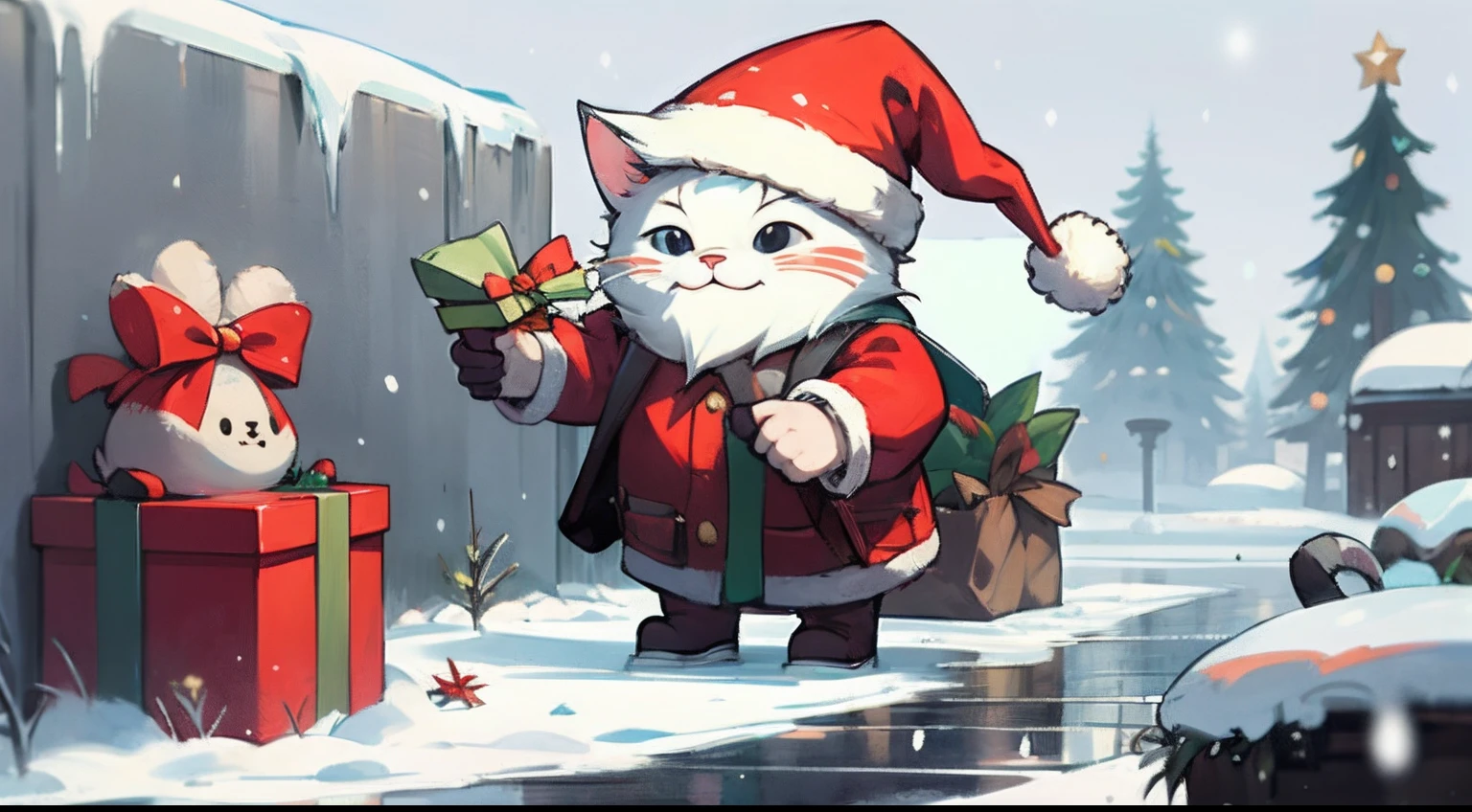 A cat in the shape of a grandpa claus,Carrying a bag of Christmas presents,In the snow in winter,Deliver gifts