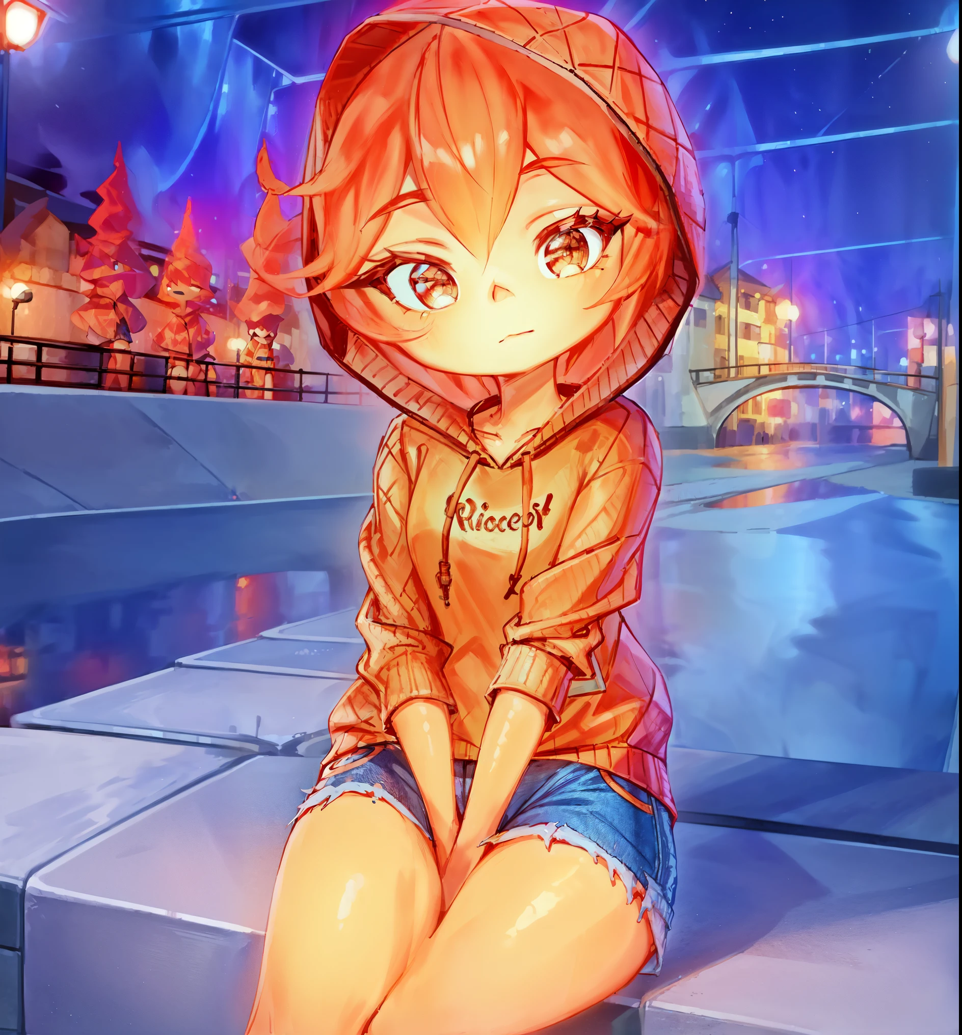 (best quality, masterpiece, detailed face, beautiful detailed eyes), Ember, girl made of fire, 1girl, (solo),((using a hoodie, hood on head, wearing short jeans, thick tighs)), detailed background, sitting on the street, night time