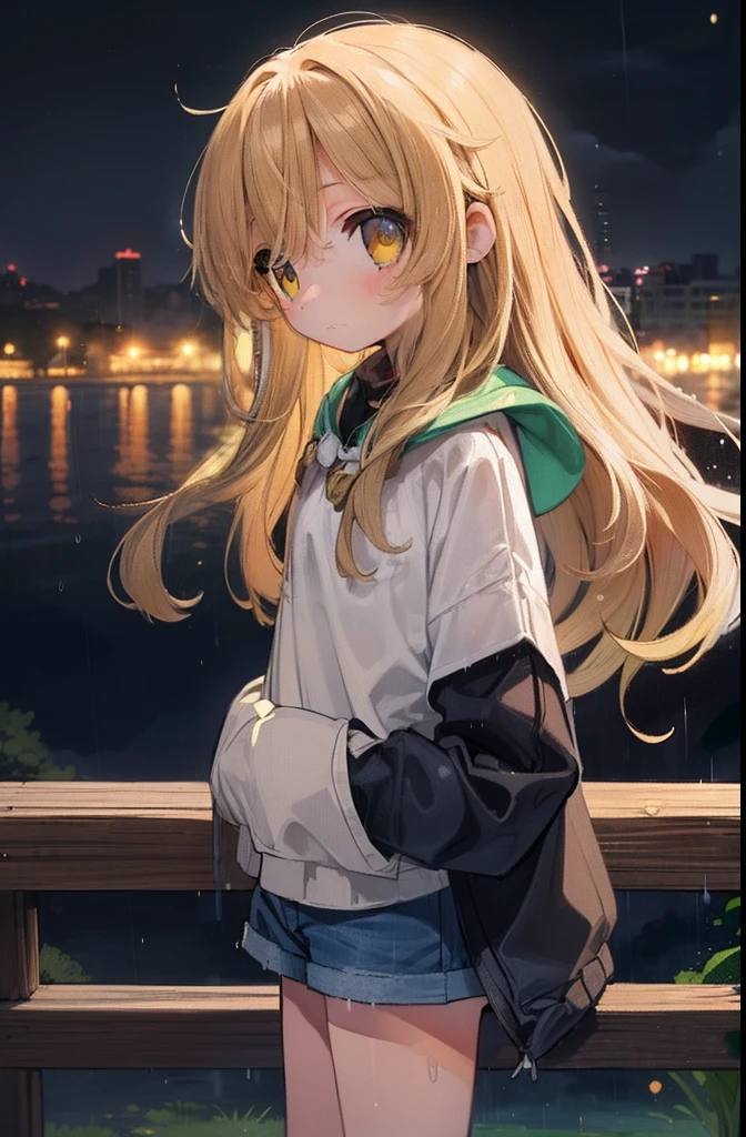 Beautiful illustration, Best Quality, (-yeld gi1.4)、(cute petit girl：1.3),Lori、 (Superb view),Casual clothing、Poncho、Shorts with a wide hem、knee sox、Green long hair、Golden Eyes、Long double-sided hair、Rain at night