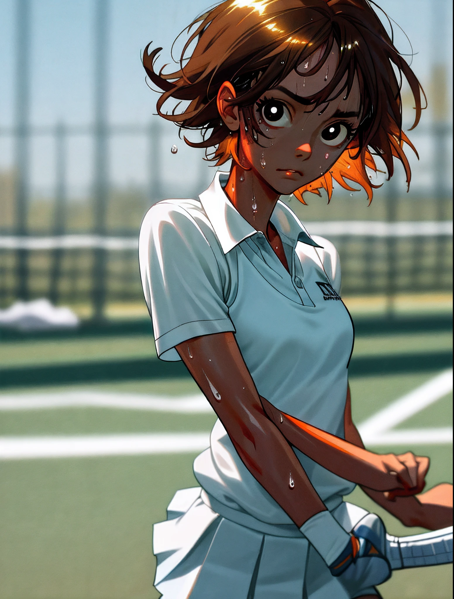 masterpiece, best quality, realistic, hyper-detailed, (shiny skin, sweaty:1.4), absurd, slender, small breasts, looking at viewer, 1girl, solo, tennis wear, white polo shirt, white sneakers, white miniskirt, very short hair, orange brown hair, black eyes, (thick thighs:0.6), dynamic lighting, high resolution, sharp focus, depth of field, detailed eyes, sharp pupils, realistic pupils