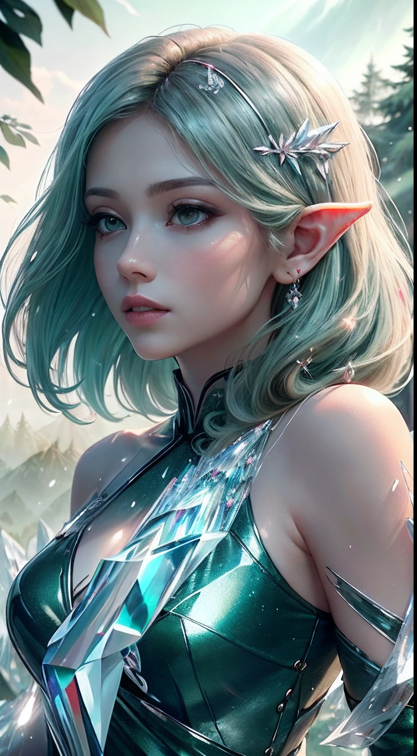 (Masterpiece, Top Quality, Best, Official Art, Beautiful and Aesthetic, Long Exposure: 1.2), Smooth Movement, Charming Patterns, 1 Girl, (Long Dress with Sleeves: 1.3), (((Green Clothes) )), upper body close-up, bare shoulders, Chinese girl, blush, black lob hair, portrait, solo, upper body, looking at the observer, detailed background, detailed face, (crystallineAI, crystalline theme:1.1), elemental wood elf, rotation foliage, control foliage, emerald clothing, dynamic pose, floating particles, ethereal dynamics, foliage, vapor, forest in the background, green tint, forest, ethereal atmosphere,