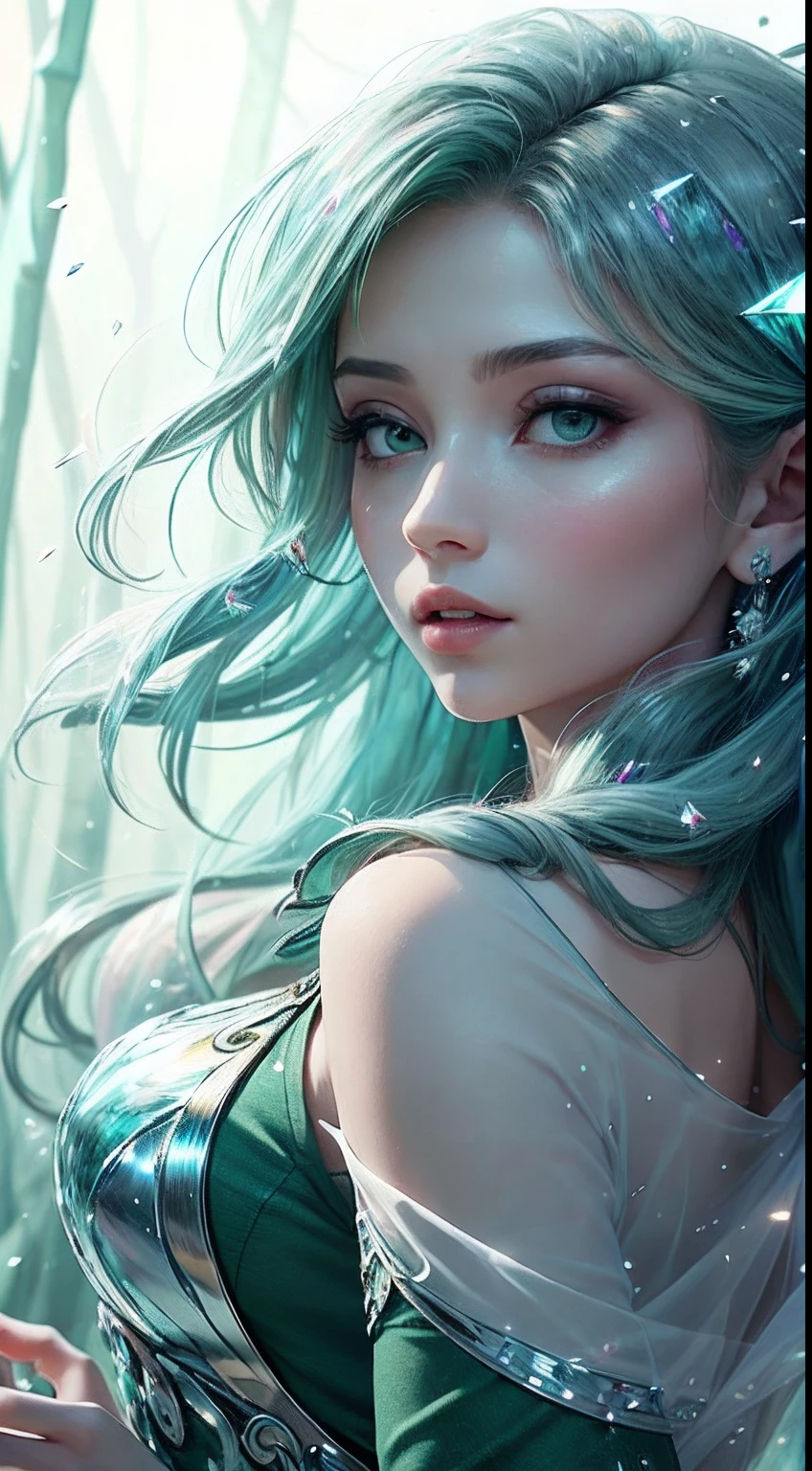 (Masterpiece, Top Quality, Best, Official Art, Beautiful and Aesthetic, Long Exposure: 1.2), Smooth Movement, Charming Patterns, 1 Girl, (Long Dress with Sleeves: 1.3), (((Green Clothes) )), upper body close-up, bare shoulders, Chinese girl, blush, black lob hair, portrait, solo, upper body, looking at the observer, detailed background, detailed face, (crystallineAI, crystalline theme:1.1), elemental wood elf, rotation foliage, control foliage, emerald clothing, dynamic pose, floating particles, ethereal dynamics, foliage, vapor, forest in the background, green tint, forest, ethereal atmosphere,