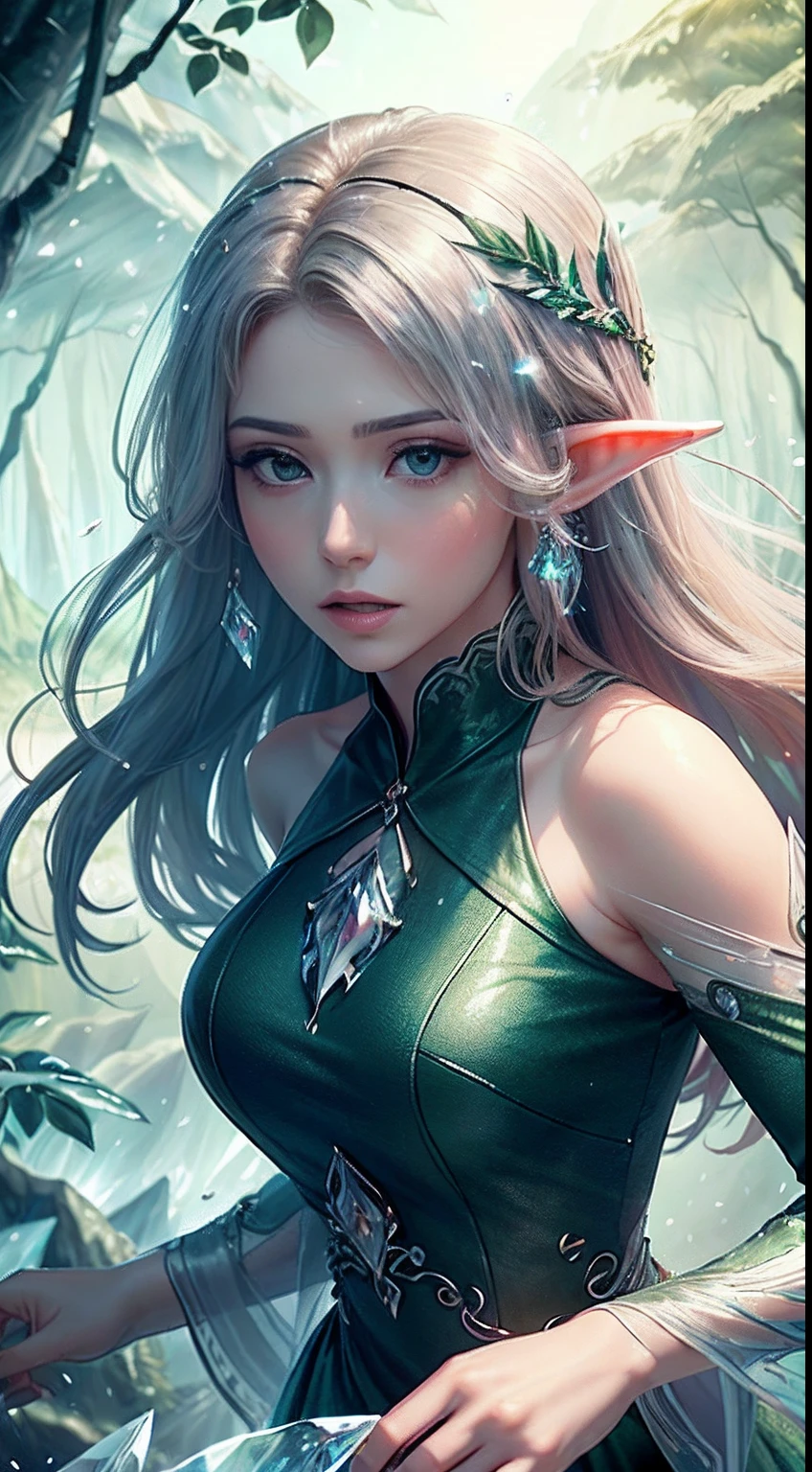 (Masterpiece, Top Quality, Best, Official Art, Beautiful and Aesthetic, Long Exposure: 1.2), Smooth Movement, Charming Patterns, 1 Girl, (Long Dress with Sleeves: 1.3), (((Green Clothes) )), upper body close-up, bare shoulders, Chinese girl, blush, black lob hair, portrait, solo, upper body, looking at the observer, detailed background, detailed face, (crystallineAI, crystalline theme:1.1), elemental wood elf, rotation foliage, control foliage, emerald clothing, dynamic pose, floating particles, ethereal dynamics, foliage, vapor, forest in the background, green tint, forest, ethereal atmosphere,