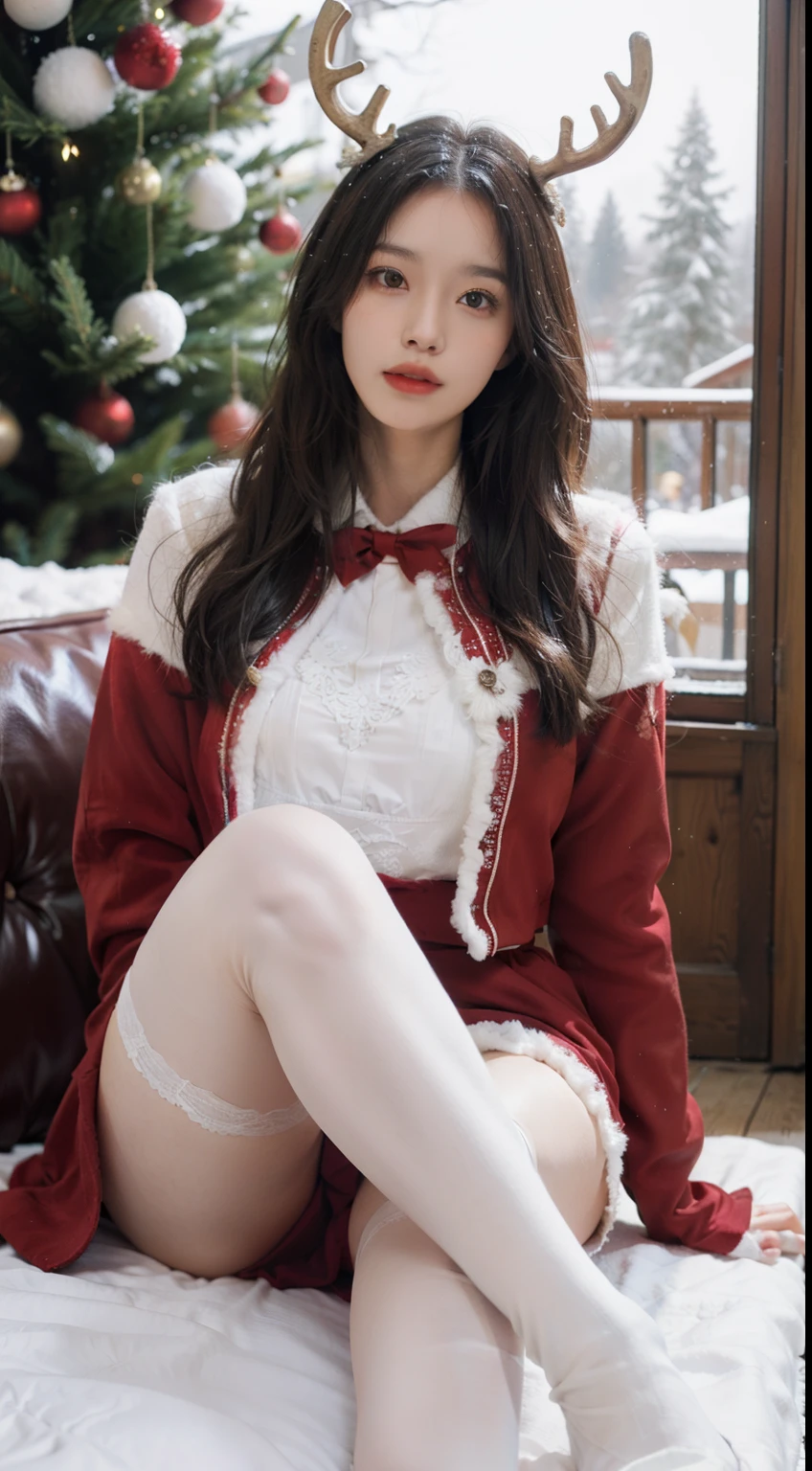 A woman in sexy costume poses in front of a Christmas tree, breast enhancement,reality,offcial art,8K quality,Super detail,fine detail skin,Movie Angle,cinematic textures,Masterpiece,Best picture quality,1 girl,Zhu lips,Messy hair,pantyshot,underbust,1girll,Whole body,White_Stockings,Lace,Long hair,upper legs,Lace,White stockings,Wear a red velvet jacket , A girl in a red velvet jacket stands in the snow,Velvet set,There is snow on the trees,Snowflakes fall from the sky,There is a cabin next to the girl,The chalet was covered in snow,SnowRoom,The girl has antlers on her head, christmas dress,Santa Claus set,Korean girl, 4k post, a wide full shot,