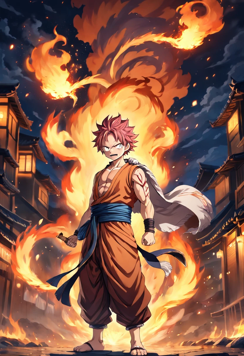 "(a highly detailed illustration by Natsu Dragneel wearing his traditional clothes and with fire details in his hands), qualidade excepcional, dinamic pose, Night scenery, lighting dramatic, estilo de desenho hiper-realista."