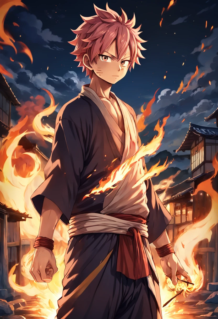 "(a highly detailed illustration by Natsu Dragneel wearing his traditional clothes and with fire details in his hands), qualidade excepcional, dinamic pose, Night scenery, lighting dramatic, estilo de desenho hiper-realista."