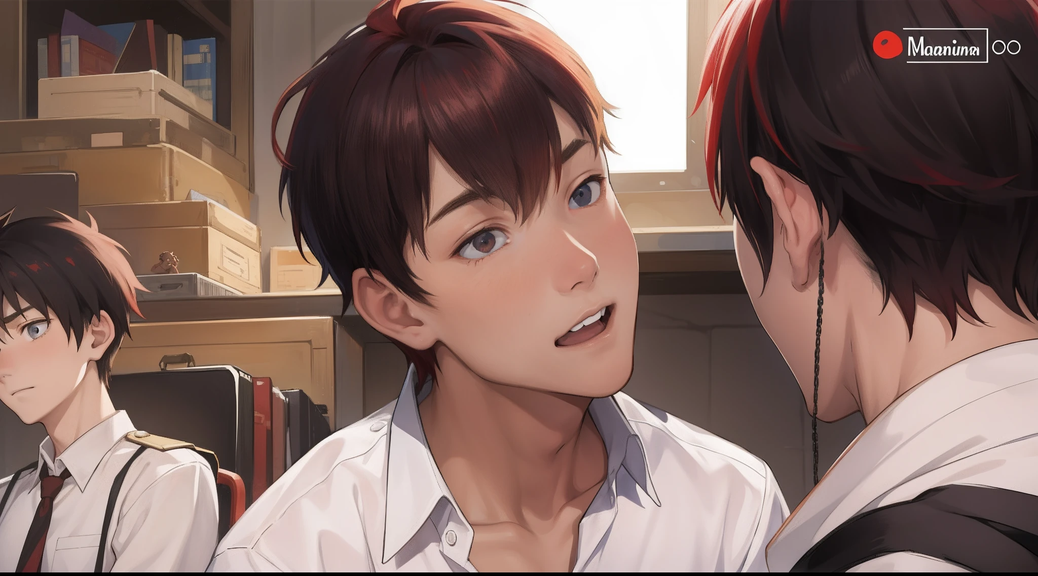 A -yeld reaired boy has a bleeding wound in his abdomen , su amigo sela curara , purple skin, He's in the classroom telling his best friend a sad story.........