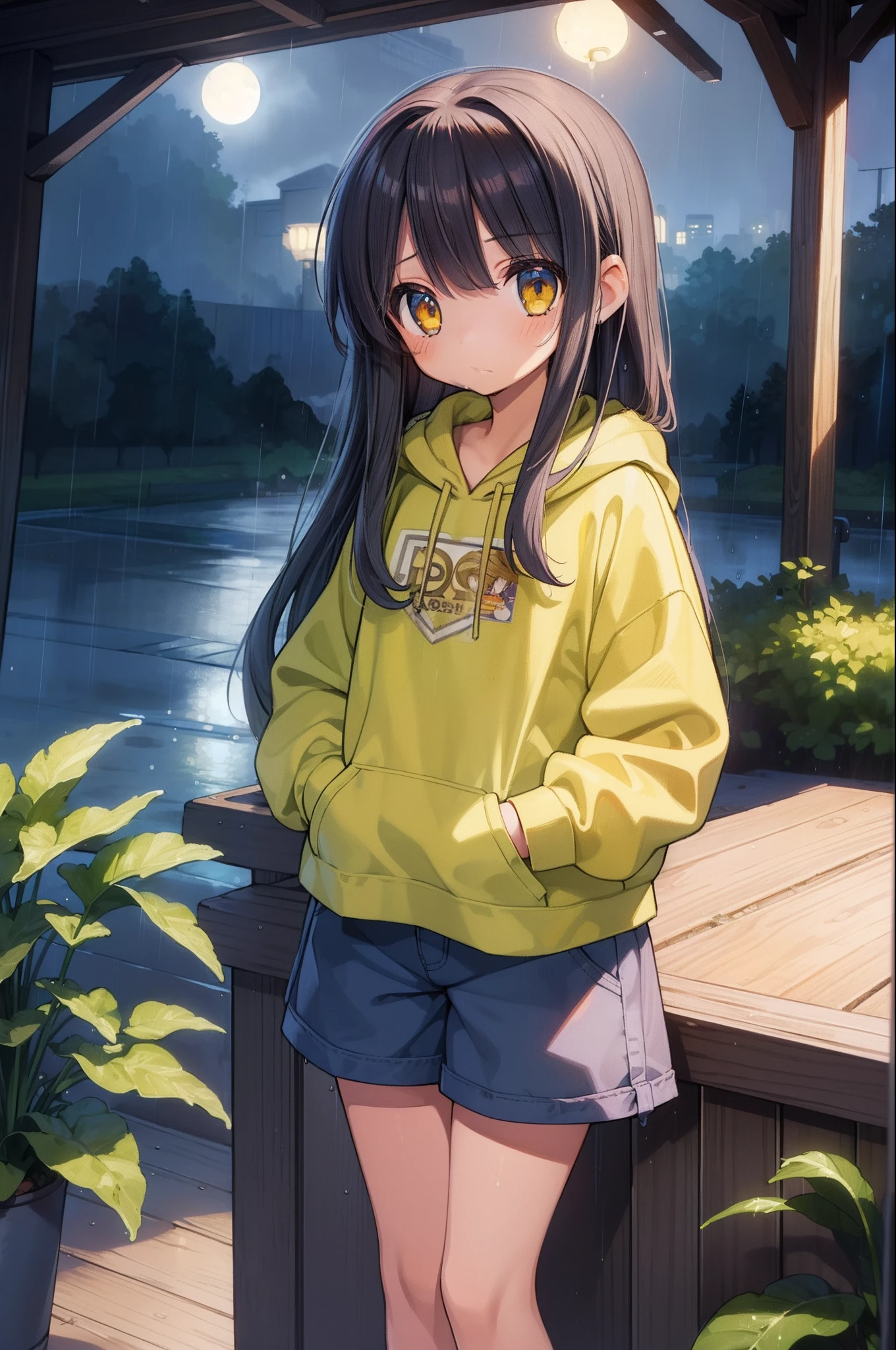 Beautiful illustration, Best Quality, (-yeld gi1.4)、(cute petit girl:1.3),Lori、 (Superb view),Oversized hoodies、Chino shorts with wide hem、Clean thighs、Green long hair、Golden Eyes、Long double-sided hair、Rain at night