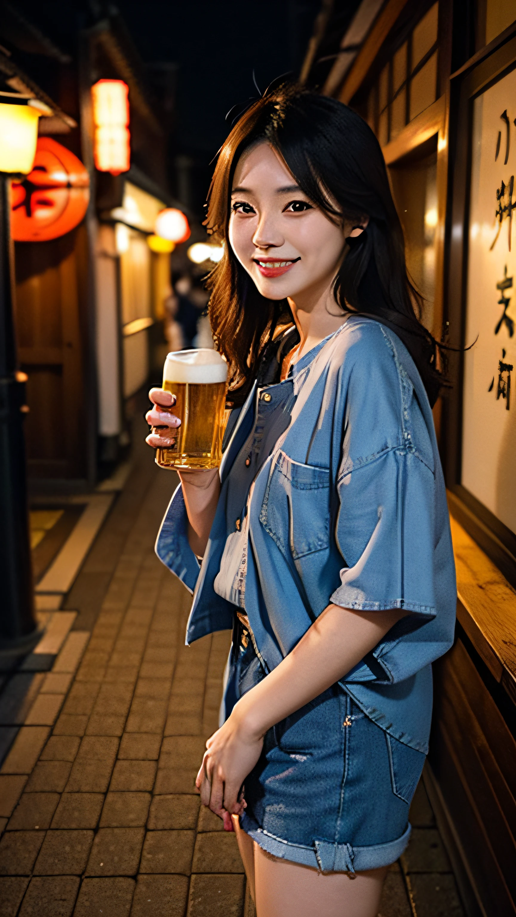 ((Best Quality, 8k, Masterpiece: 1.3)), Beautiful Woman, Holding a Beer, Beautiful Eyes, Beautiful Mouth, Beautiful High Nose, Smile, Japan Woman, Slim, Realistic, Bob Hair, Mouth Corners Up, Raw Photo, Being in the Bar, One Woman, Suit, Full Body