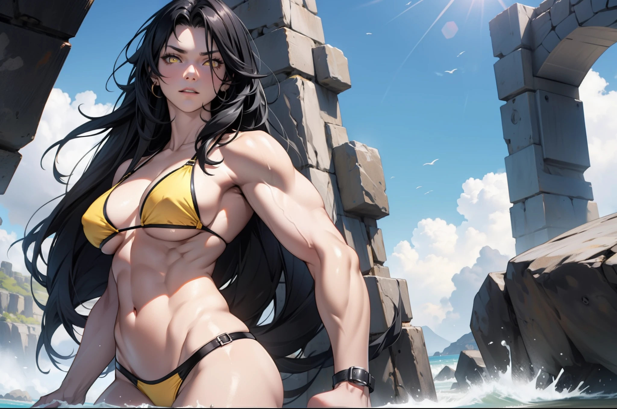 1 girl, black hair, yellow eyes, very long hair, pale skin, seductive expression, curvy, ((extremely muscular)), perky breasts, ((bikini)), solo
