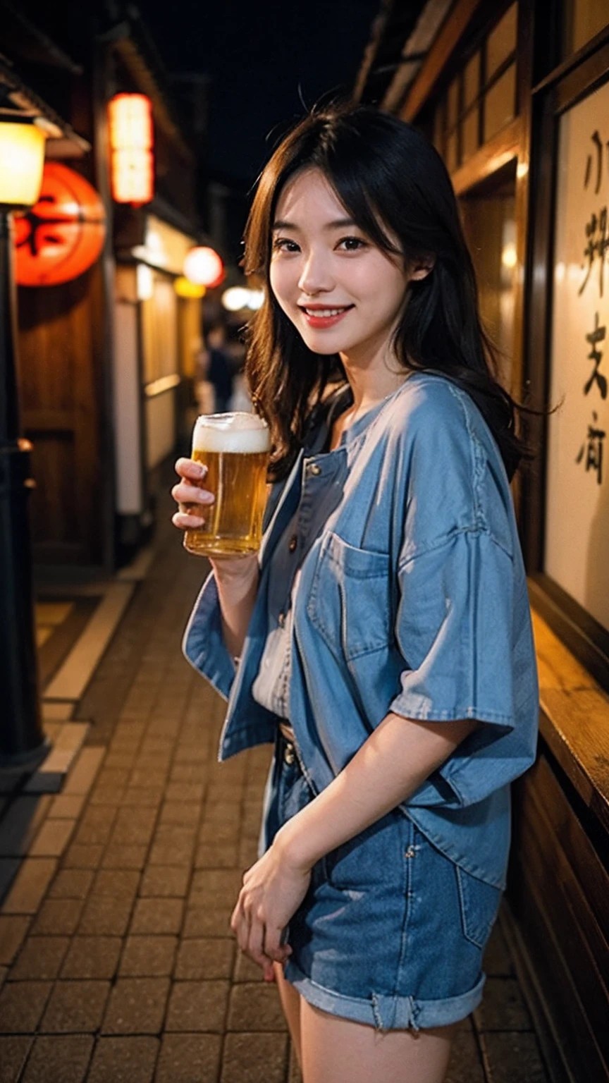 Beautiful Japan Woman、Smiling with a beer in hand、Short clothing