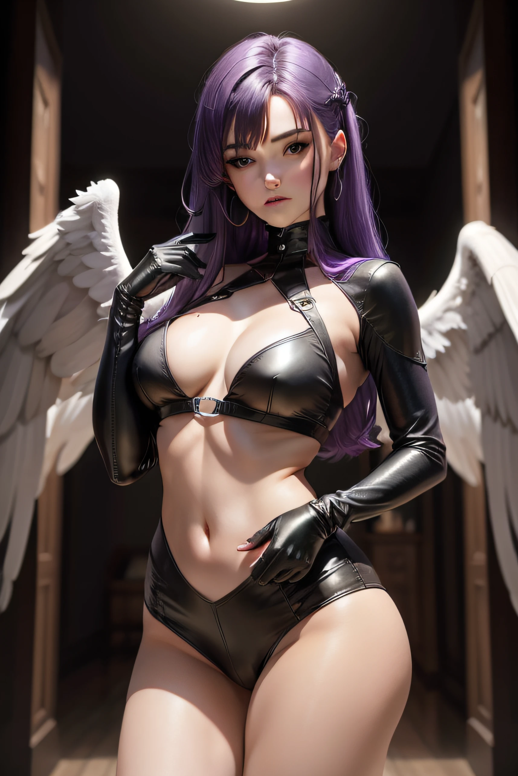woman with angel wing,dark purple hair , wearing leather clothes, pale skinned.
