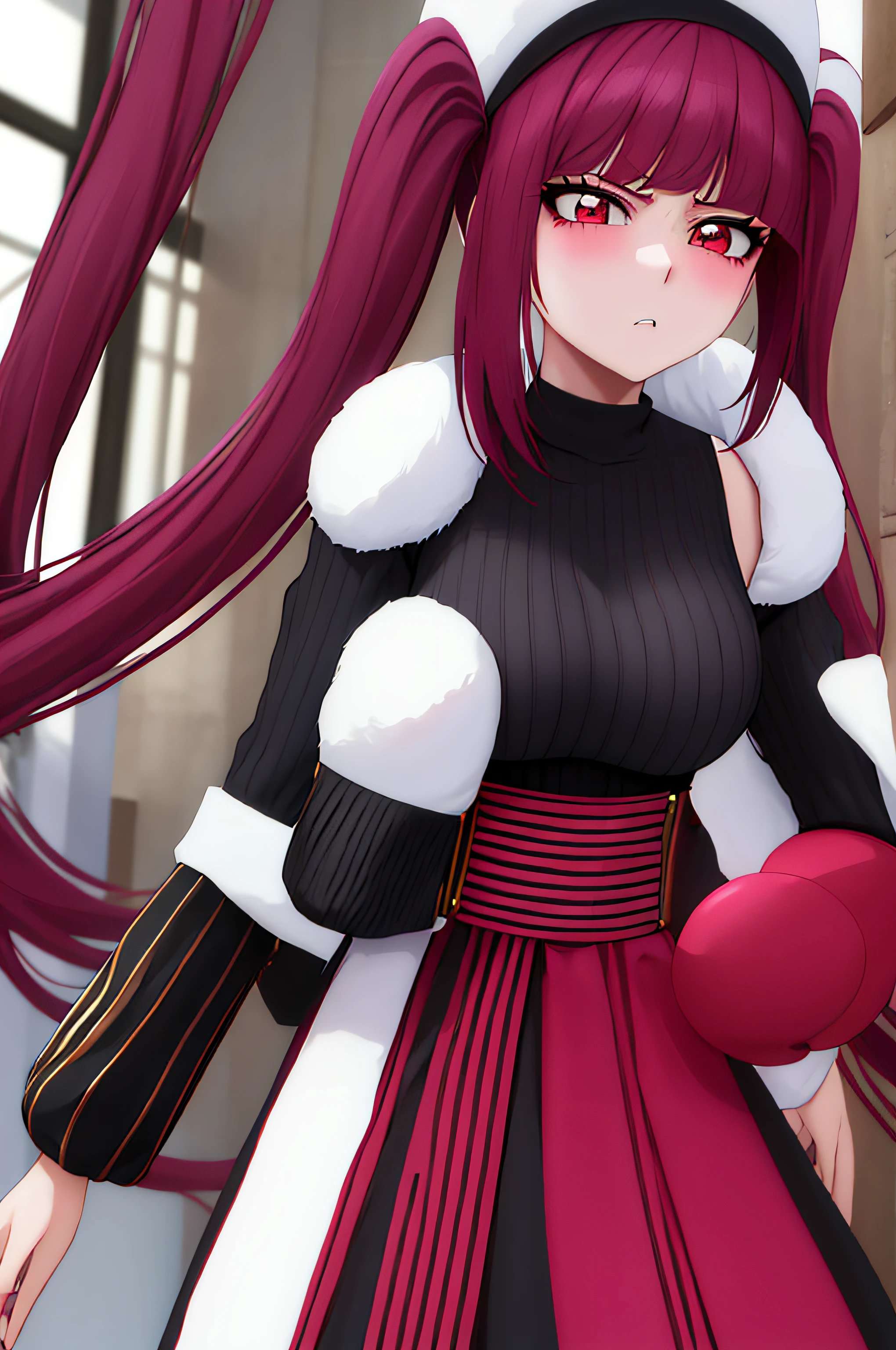 "Portrait of Riruka  in her 20s, showcasing outstanding quality, good quality, amazing quality. detailed face, Bust focus, with her modest bosom accentuated. plain black shirt, her hair in twin tails, Her expression radiates with a fit of anger. blushing."