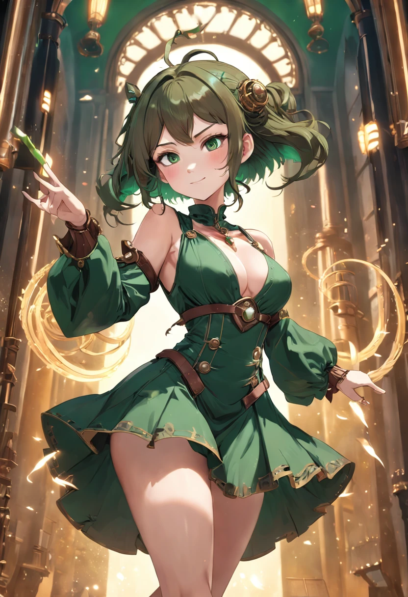 (NSFW), Stunning magica fantasy full body portrait of steampunk woman in dark green dress, plunging neckline highlighting feminine features, small ears, brown hair, smiling happily, dynamic pose, Ticker, Fantasy, Extreme Detail, 4Kde, Ultra HD, Trending on ArtStation, Polished, Radiant, Vibrant, Background Light, 8Kdende UltraHD, Unreal Engine 5 Portions, Intricately Detailed, 3D vray