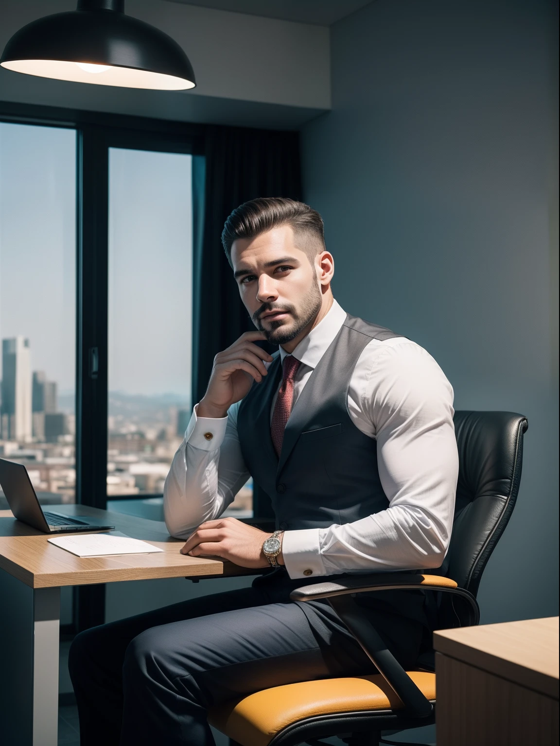 a handsome man sitting in the office,crew cut,business suit,Windows,Cityscape,corpo inteiro,macho maduro,,best quality, 50mm f/2.8, fotografia e revista GQ, Trending on Flickr Masterpiece, high resolution, best quality,, Realistic, Realistic photo, foto do filme, ultra realistic, 1 pessoa, circunstanciado, perfect lighting, DSRL, foto profissional, 4k ,blue lighting,sorrir
