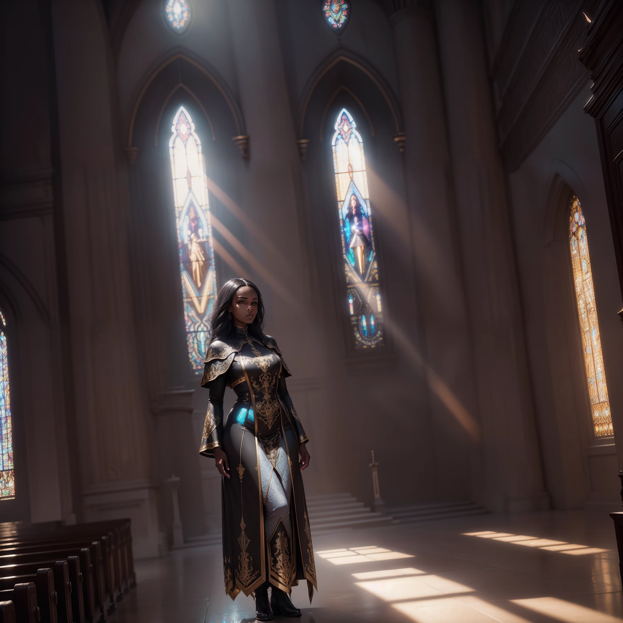 image of a beautiful black woman standing in a church with a light shining through the window, with iridescent light, highly detailed images, vibrant beautiful colours, photorealistic image, 8k, ultra HD, unreal engine rendered, cinematic lighting, artgerm style,