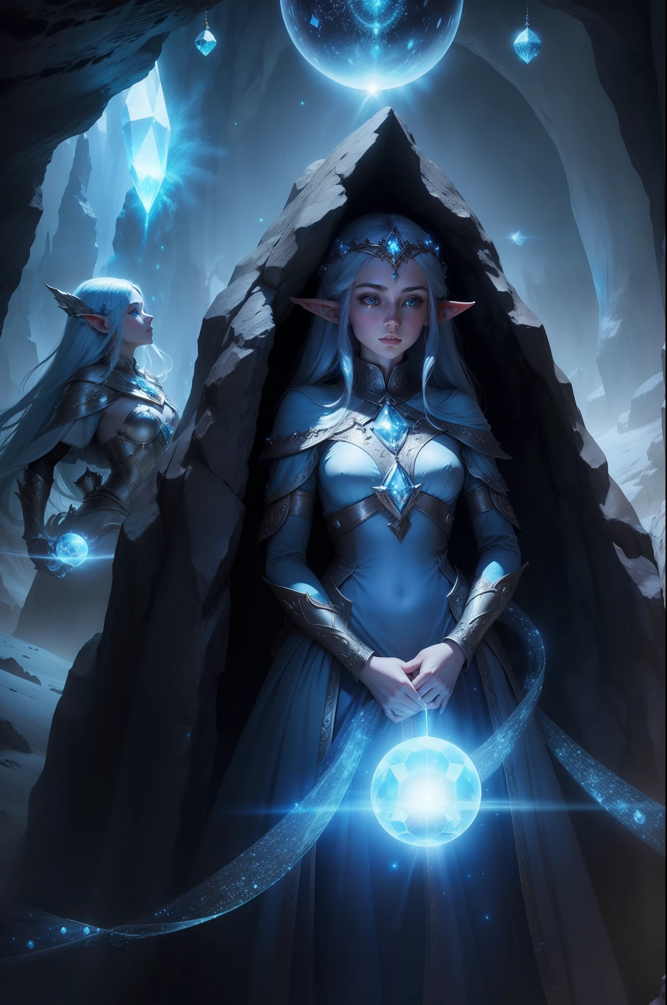 A large cavern alight with floating blue crystals aglow with an inner light, several female elves stand together overlooking a single diamond sphere