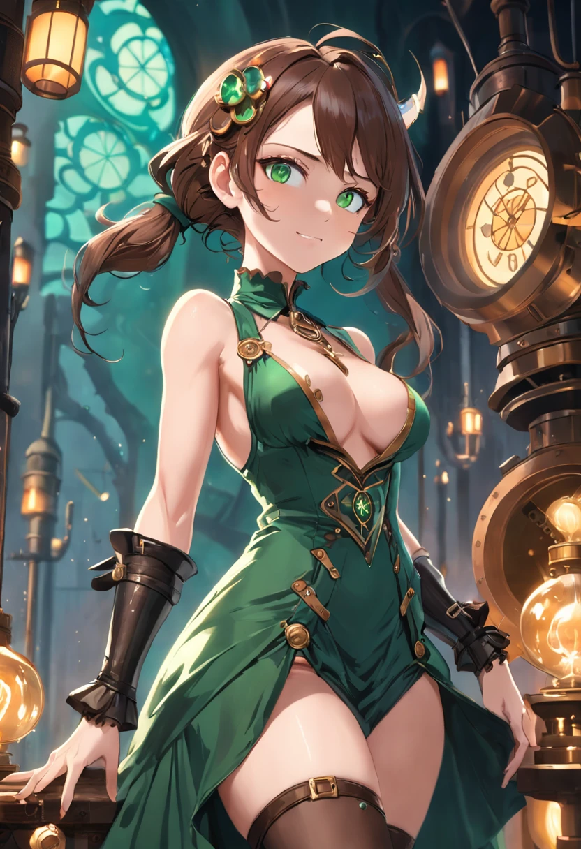 (((NSFW))), a stunning magica fantasy full-body portrait of a steampunk woman in a dark green dress, plunging neckline accentuating feminine features, small ears, brown hair, smiling happily, Dynamic Pose, Ticker, Fantasy, Extreme Detail, 4Kde, Ultra HD, Trending on ArtStation, Polished, Radiant, Vibrant, Backlight, 8Kdende UltraHD, Unreal Engine 5 Potions, Intricately Detailed, 3D vray finely