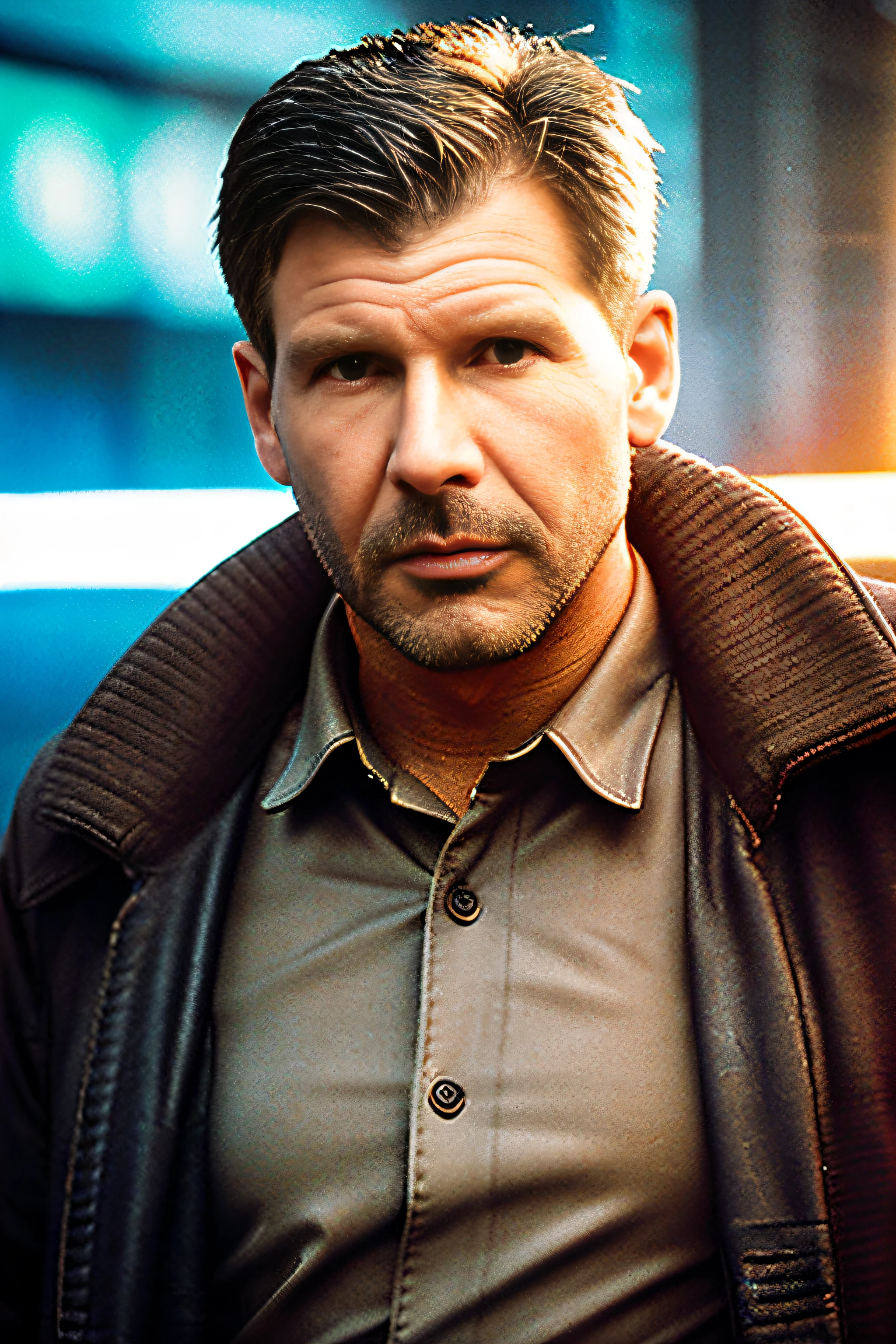 Highly detailed full body portrait of a man as Rick Deckard from Blade Runner with short hair style, wearing long coat, Detailed Face, (perfect detailed eyes), (highly detailed skin:1.1), perfect Slim body, modelshoot style, Professional Photography, dramatic lighting, PHOTOREALISTIC, Realistic, sunset, rain, standing in a dystopian future city sidewalk background, Neon sign lights, RAW, analog, sharp focus, 8k, high resolution, DSLR, high quality, Fujifilm XT3, film grain, award winning, masterpiece
