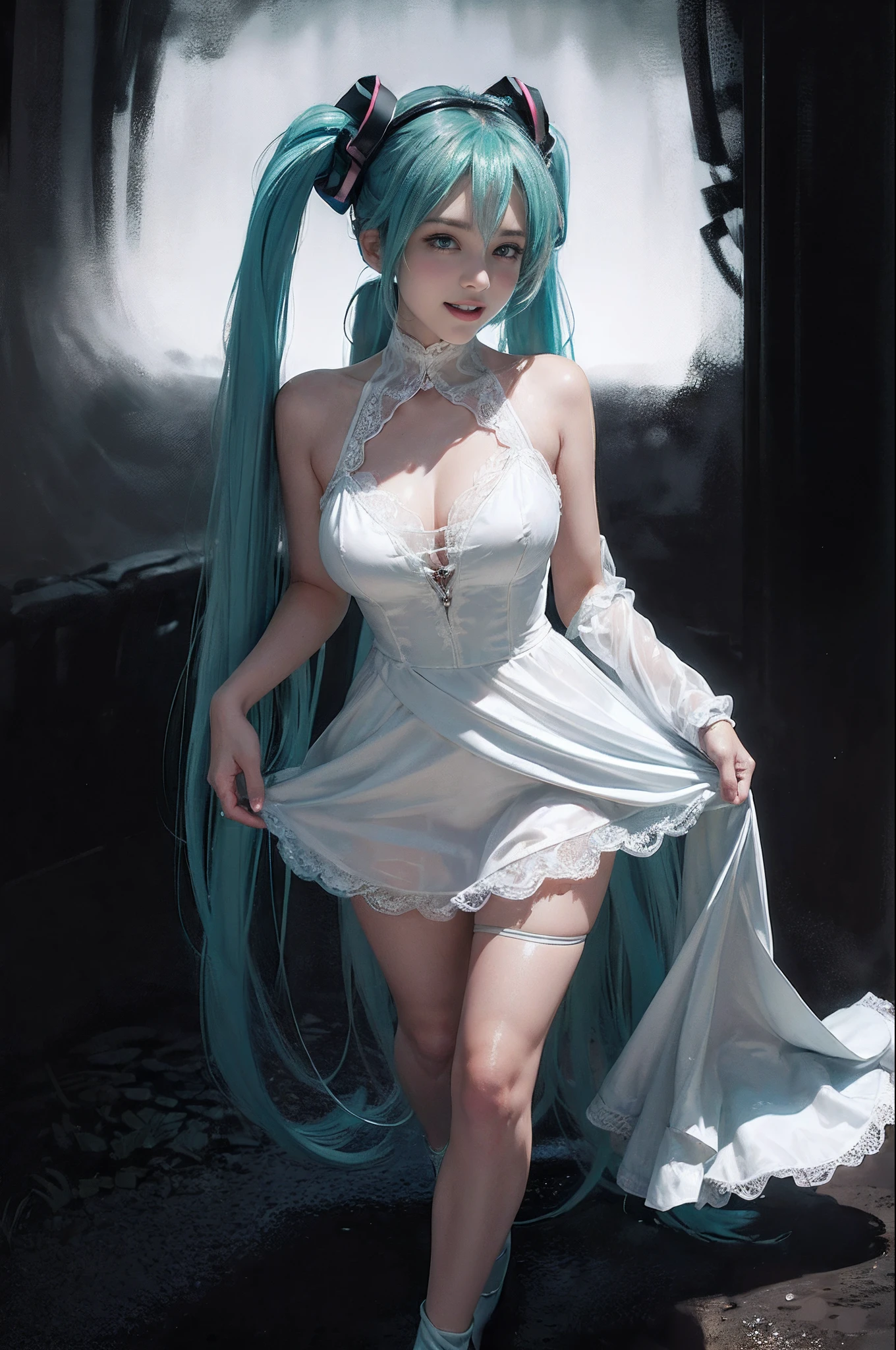 (((hatsune miku charakter))), (((tosca hair color))), ((long twin tail hair with pony)), looking at the view, eyes on the view, smile (big smile), (open mouth), (((full body photo))), 21 years old girl, perfect body, perfect anatomy, tosca eye color, double eyelids, huge breasts, Highly detailed skin texture, (Realistic skin), Ultra-Detailed Face, Detailed Lips, Detailed Eyes, Double Eyelids, nacklaces, wet skin, wet hair, (((simple background))), (front focus), (in the dark:1.6), deep dark, Hyperrealist portrait of female by david hockney and alphonse mucha, fantasy art, photo realistic, dynamic pose, hot model pose, dynamic lighting, artstation, poster, volumetric lighting, very detailed faces, 4 k, in the dark, deep shadow, low key, cowboy shot, (((white dress color))), lighting dress, erotic lace dress, suspender stockings, extremely detailed, milk liquid