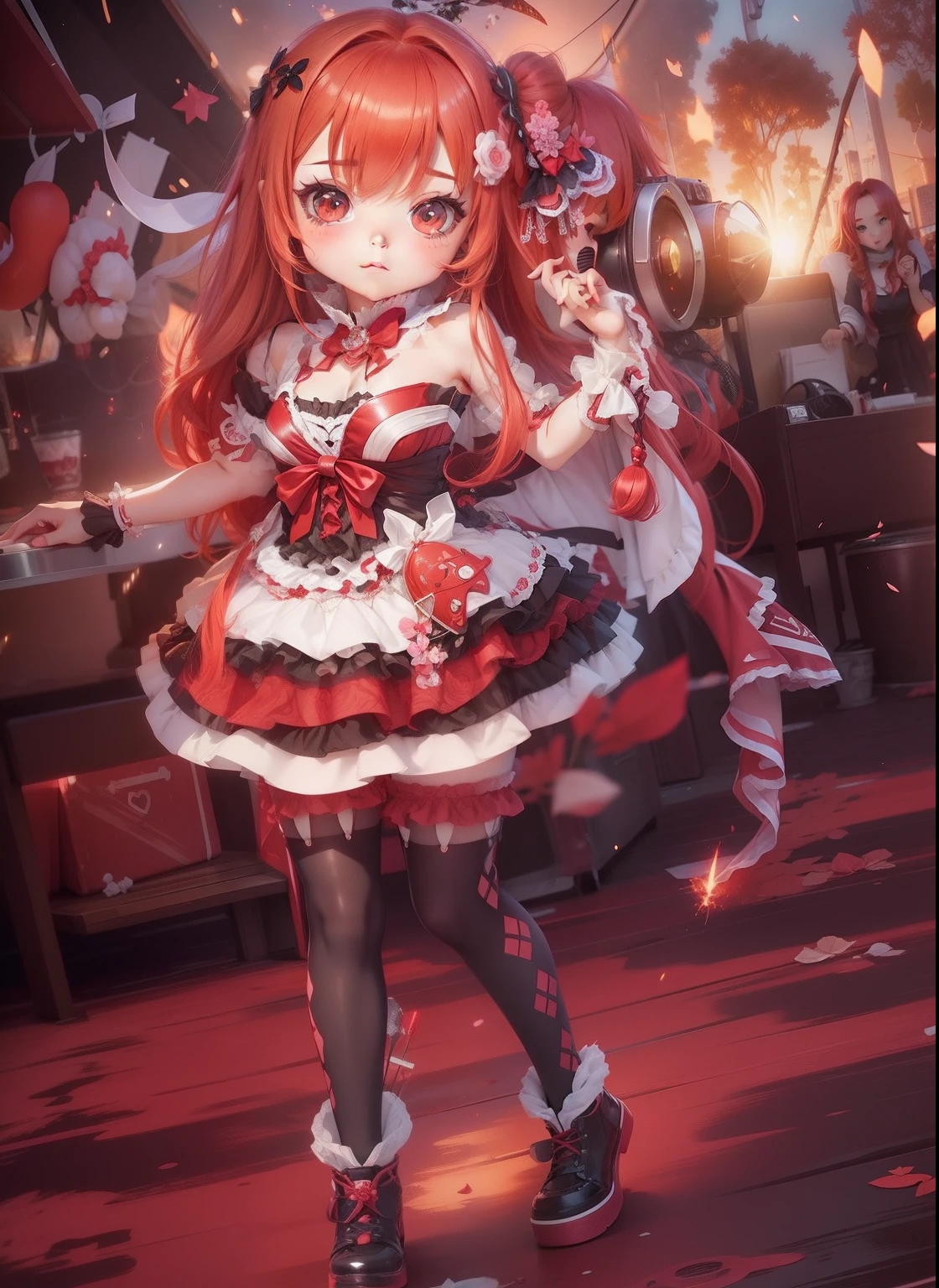 anime, girl, cute, sd, chibi, kawaii, best quality, 8k, dress, red hair