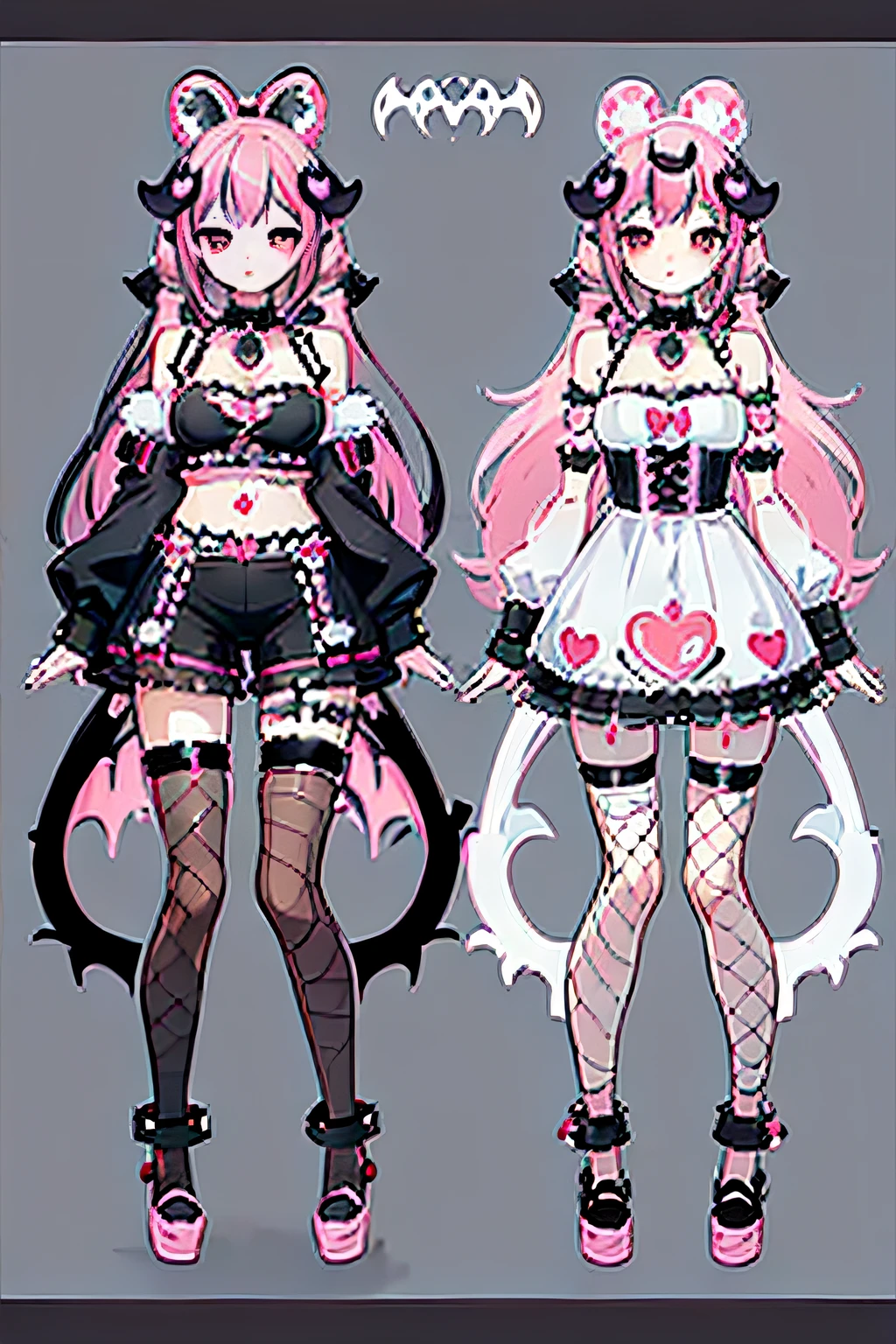 (best softness:1.2),(cute illustration:1.2), (decora accessories:1.4), (succubus:1.3), black and pink outfit with multicolored hair, demon beautiful long hair, detailed outfit with white fishnets, (white fishnets:1.2)