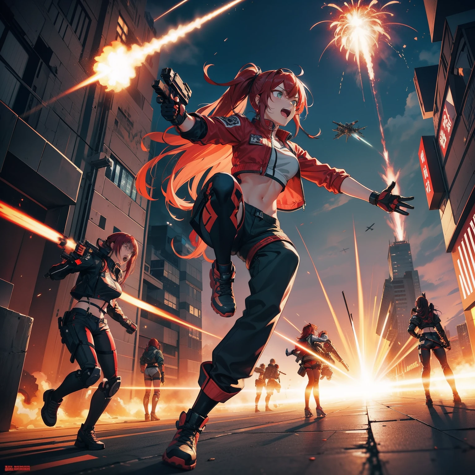 Full body shot, female asian Irina Shidou red hair twintails green eyes, in a cyberpunk city, wearing a bomber jacket and crop top and denim shorts, fighting a humanoid robot android with metal chrome exterior, holding a big machine gun, holding a long laser rifle, shooting laser rifle, shooting lasers up at the sky, missile strike, rocket launch,  rapid fire, explosions, hand to hand combat, fighting, round house kick, jumping kick, guns flaring, punch face, open mouth, screaming, frontal shot, side shot, rear shot, back shot, behind shot, masterpiece, highly detailed