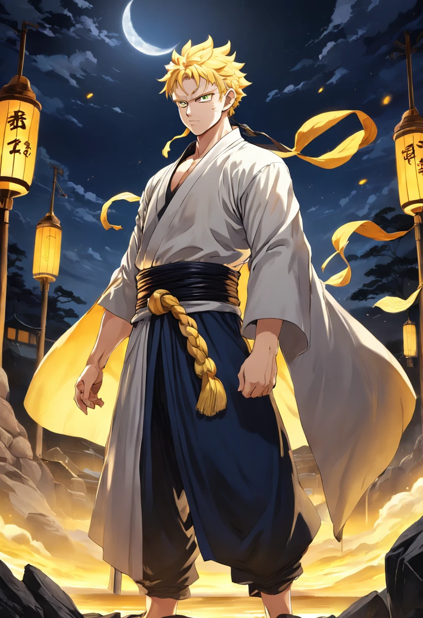 "(a highly detailed illustration of Laxus Dreyar wearing his traditional clothes and with yellow ray details), qualidade excepcional, dinamic pose, Night scenery, lighting dramatic, estilo de desenho hiper-realista."