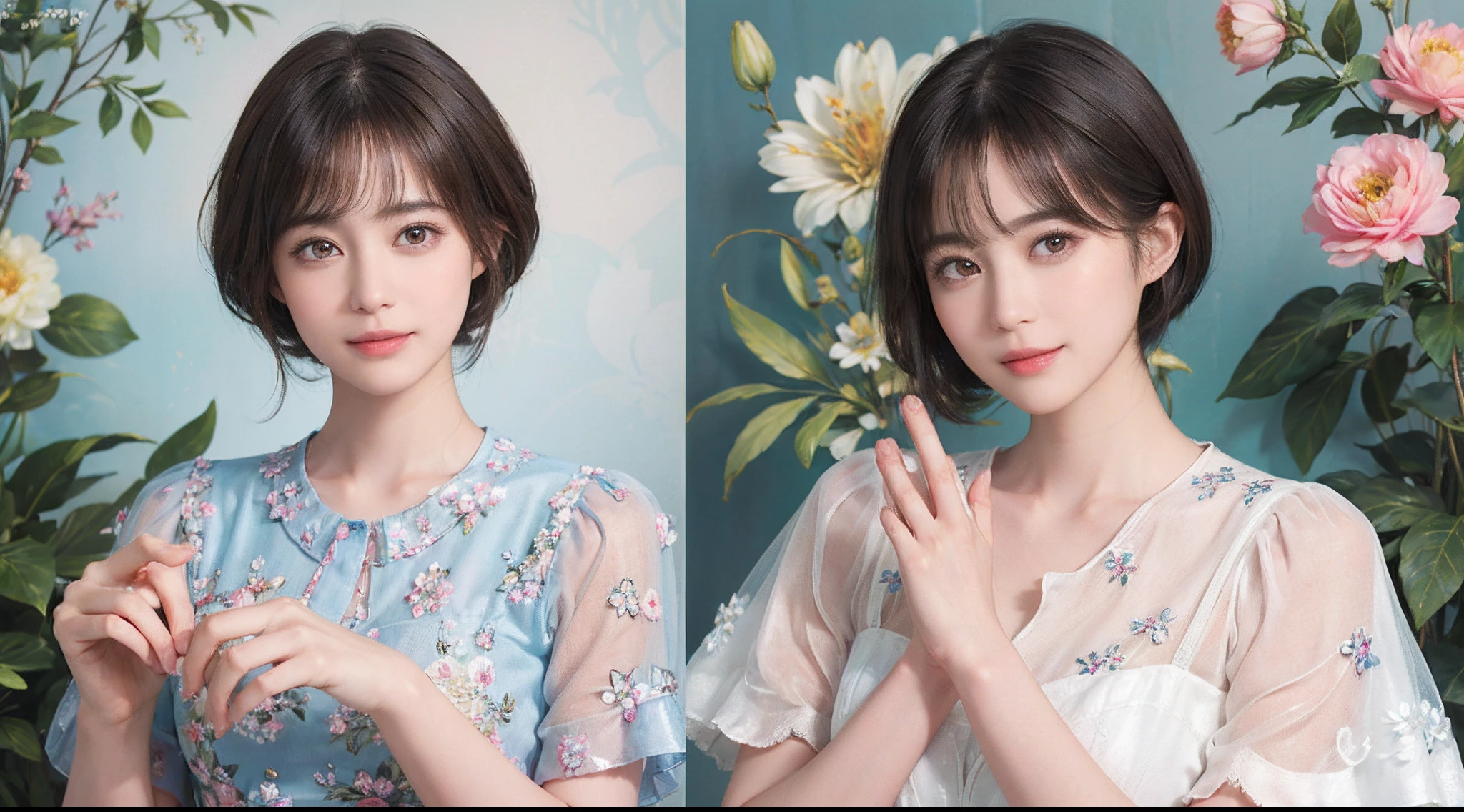 (Masterpiece)、(Photorealsitic、Raw photography、top-quality: 1.4)、(1womanl)、((Floral - T-shirt))、((JINS))、beautiful expression、((A slight smil))、(A dark-haired、short-hair:1.3)、Beautiful hairstyle、realisticeyes、Beautiful details、(real looking skin)、Beautiful skins、enticing、超A high resolution、A hyper-realistic、high-detail、the golden ratio、((Beautiful fingers))