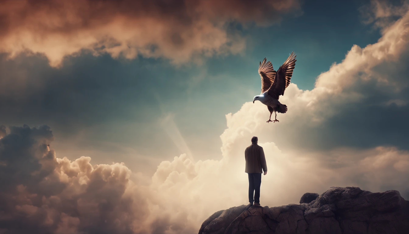 A man with his back to his feet praising heaven with a dove perched above his head as a symbol of divine presence.