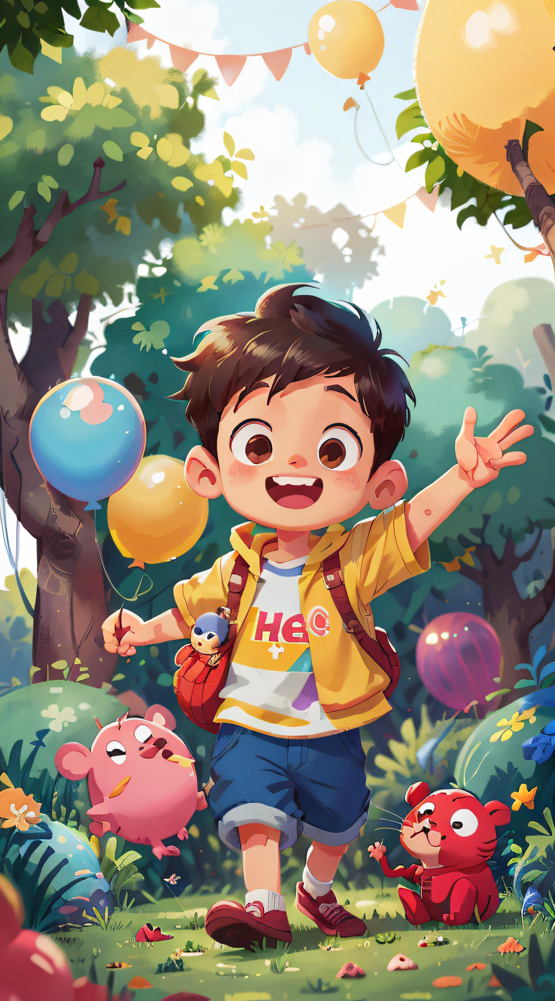 best quality, ultra-detailed, HDR, cartoon, physically based rendering, a smiling boy, beautiful detailed eyes, beautiful detailed lips, boy making a Jewel sign with both hands, this image has to have a cartoon style , flowing, sunlight filtering through the trees, vibrant colors, soft lighting, peaceful atmosphere