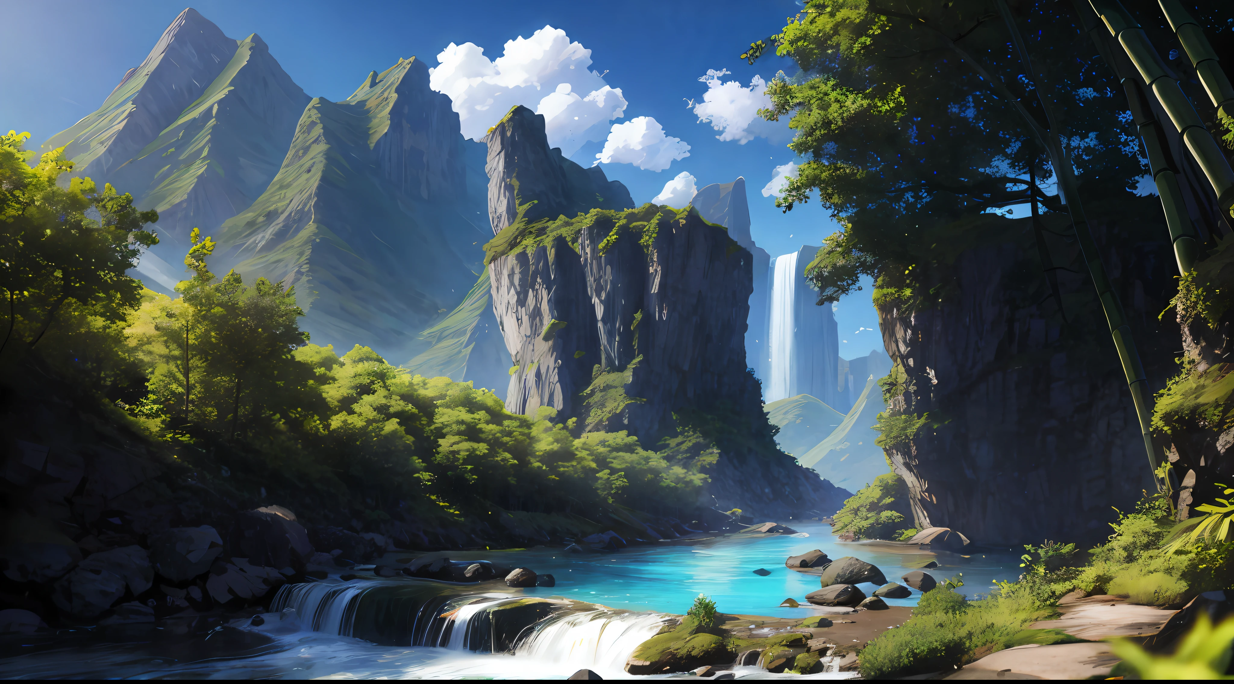 ConceptArt, no humans, scenery, day, tree, cloud, outdoors, nature, blue sky, mountain stream, bamboo forest