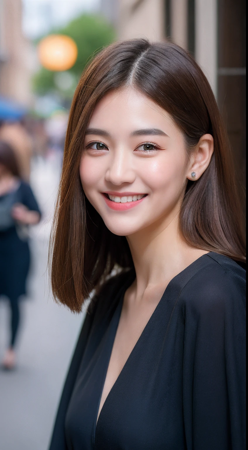 ((Best quality, 8k, Masterpiece :1.3)), 1girl, smiling, full body, slim face, Pretty woman, (Dark brown hair), full length dress :1.1, Ultra-detailed face, Detailed eyes, Double eyelid, blur background, slim face, city, outside, street,