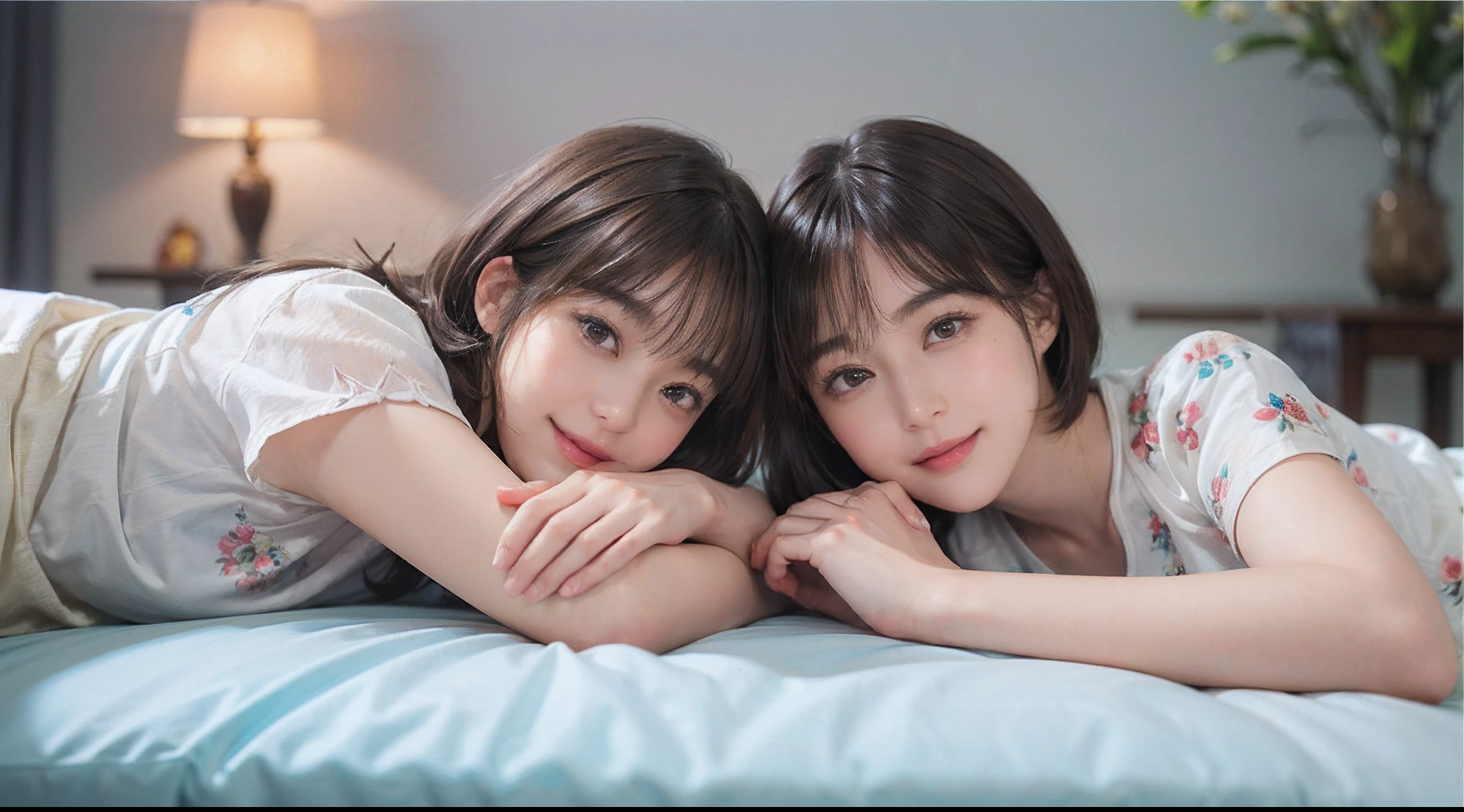 (Masterpiece)、(Photorealsitic、Raw photography、top-quality: 1.4)、(1womanl)、((Floral - T-shirt))、((JINS))、beautiful expression、((A slight smil))、(A dark-haired、short-hair:1.3)、Beautiful hairstyle、realisticeyes、Beautiful details、（real looking skin）、Beautiful skins、enticing、超A high resolution、A hyper-realistic、high-detail、the golden ratio、((Beautiful fingers))