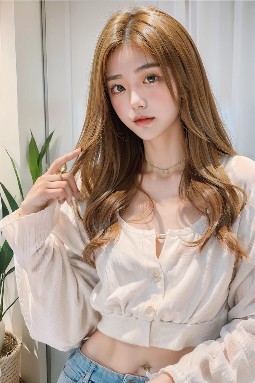Korean woman 18 years old , with golden hair , wide eyes