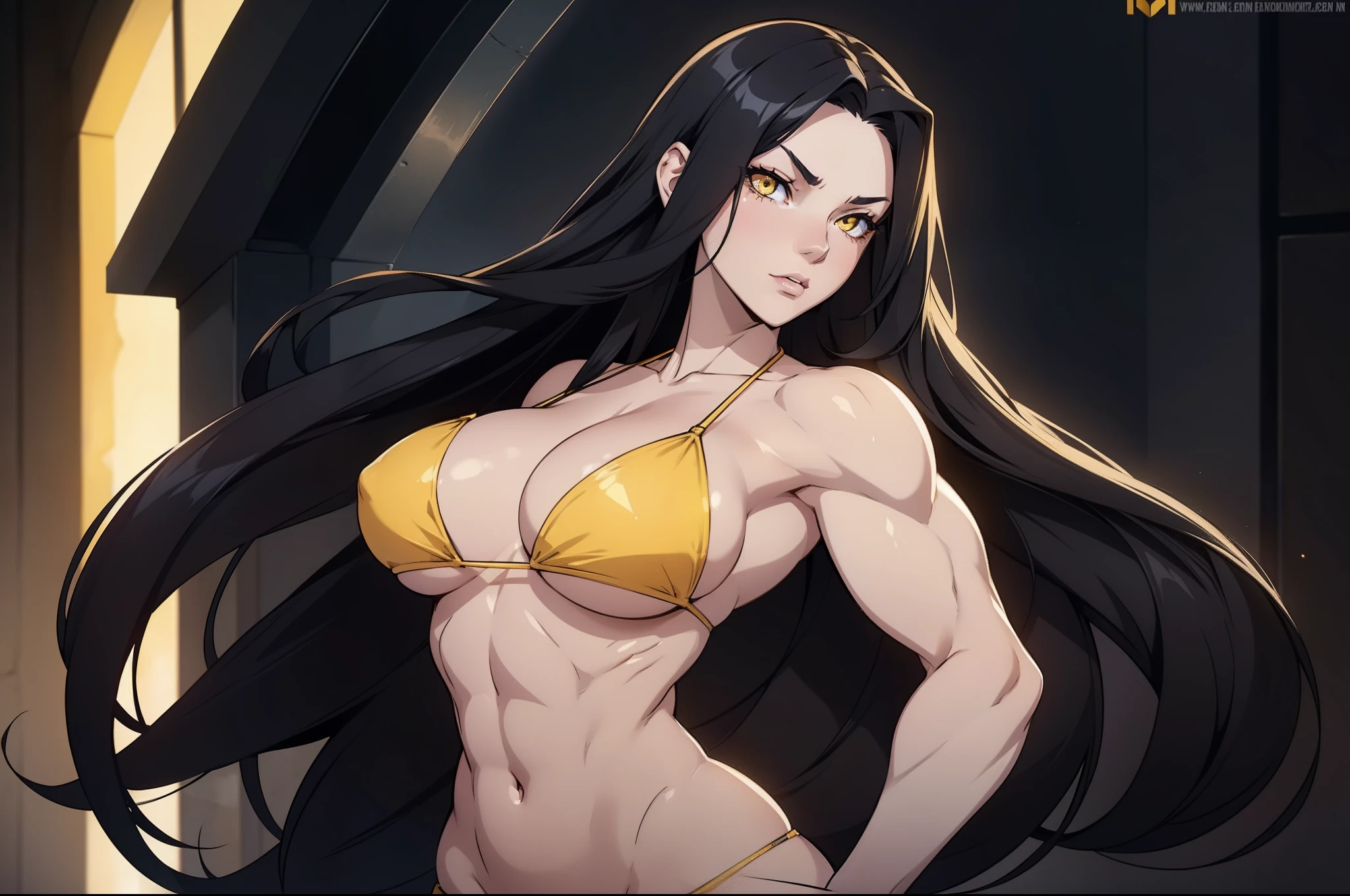 1 girl, black hair, yellow eyes, very long hair, pale skin, seductive expression, curvy, ((extremely muscular)), perky breasts, ((bikini)), (solo)