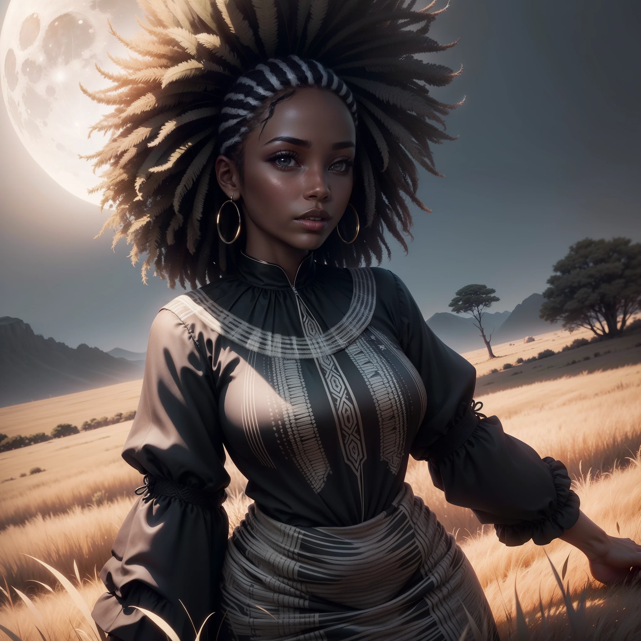a black and white photo of a beautiful black woman in a field of grass African clothes, black and white scene only colour is from the Woman's clothes, sandy white moon landscape, with iridescent light, highly detailed images, vibrant beautiful colours, photorealistic image, 8k, ultra HD, unreal engine rendered, cinematic lighting, artgerm style,